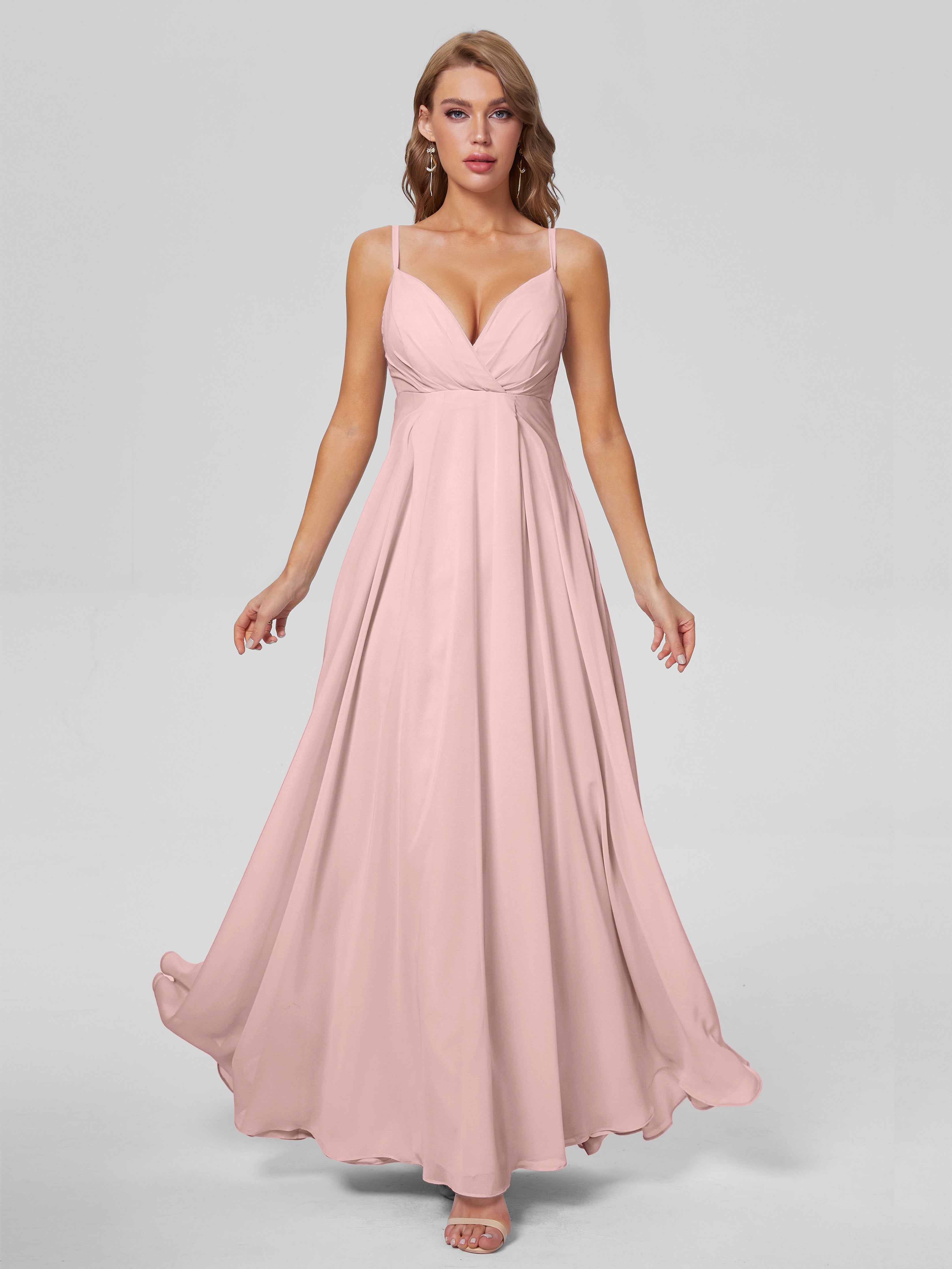 Demoiselles D'Honneur De Rose Poudrée Classique Bretelles Spaghetti Mousseline Robes Demoiselle D'Honneur