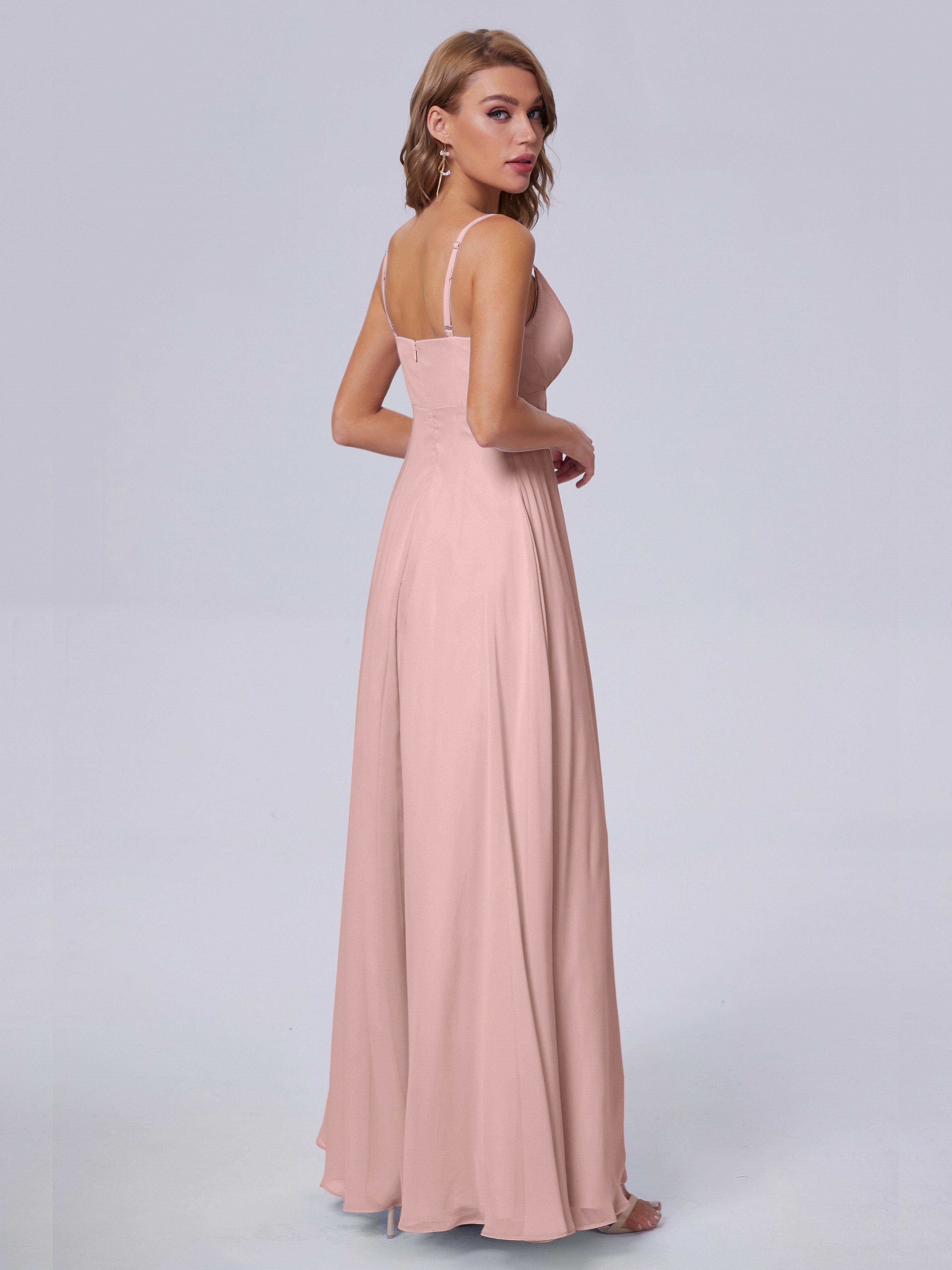 Demoiselles D'Honneur De Rose Poudrée Classique Bretelles Spaghetti Mousseline Robes Demoiselle D'Honneur