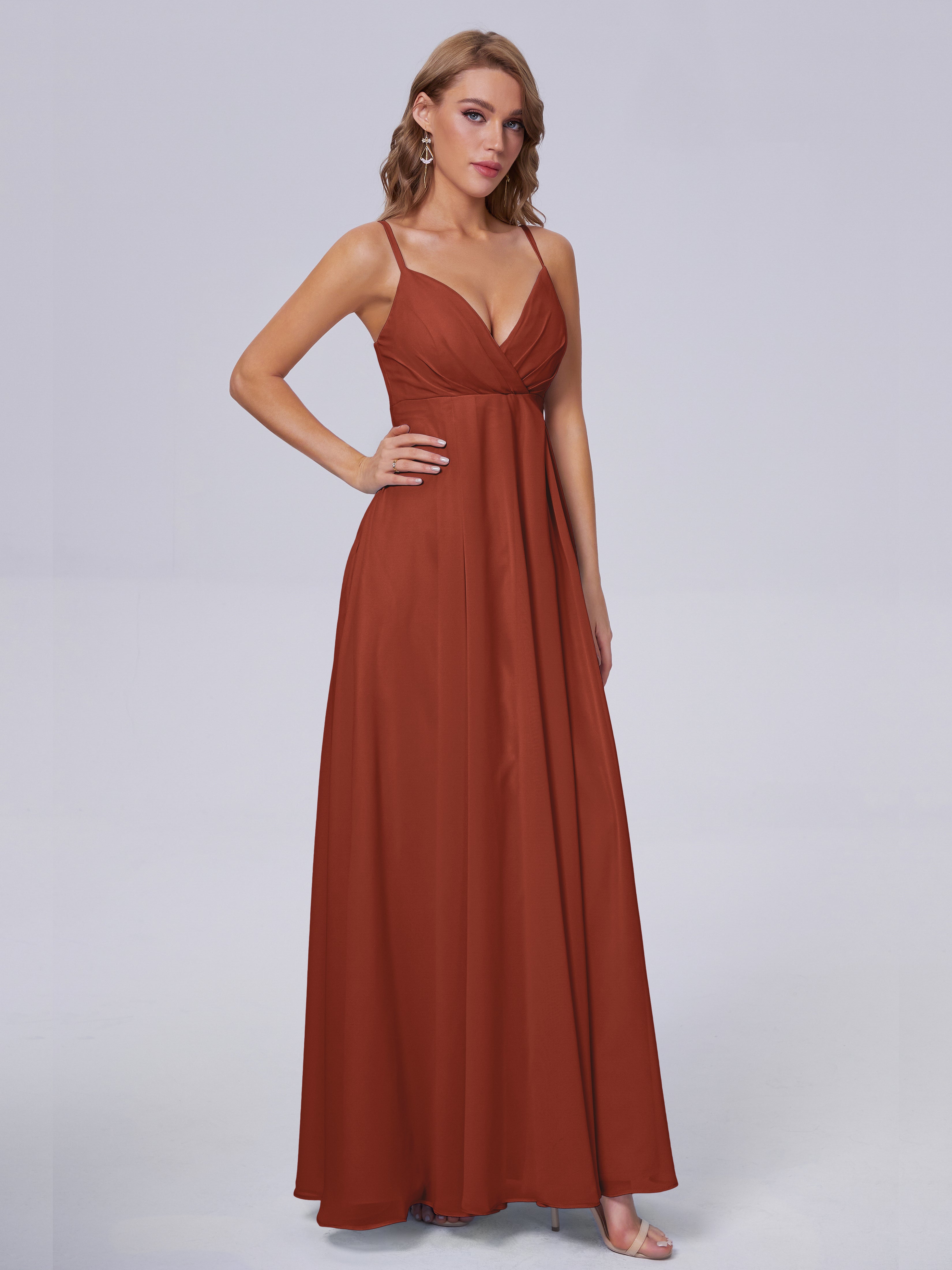 Robe Rouille Demoiselle D Honneur Classique Bretelles Spaghetti Mousseline Robes Demoiselle D'Honneur