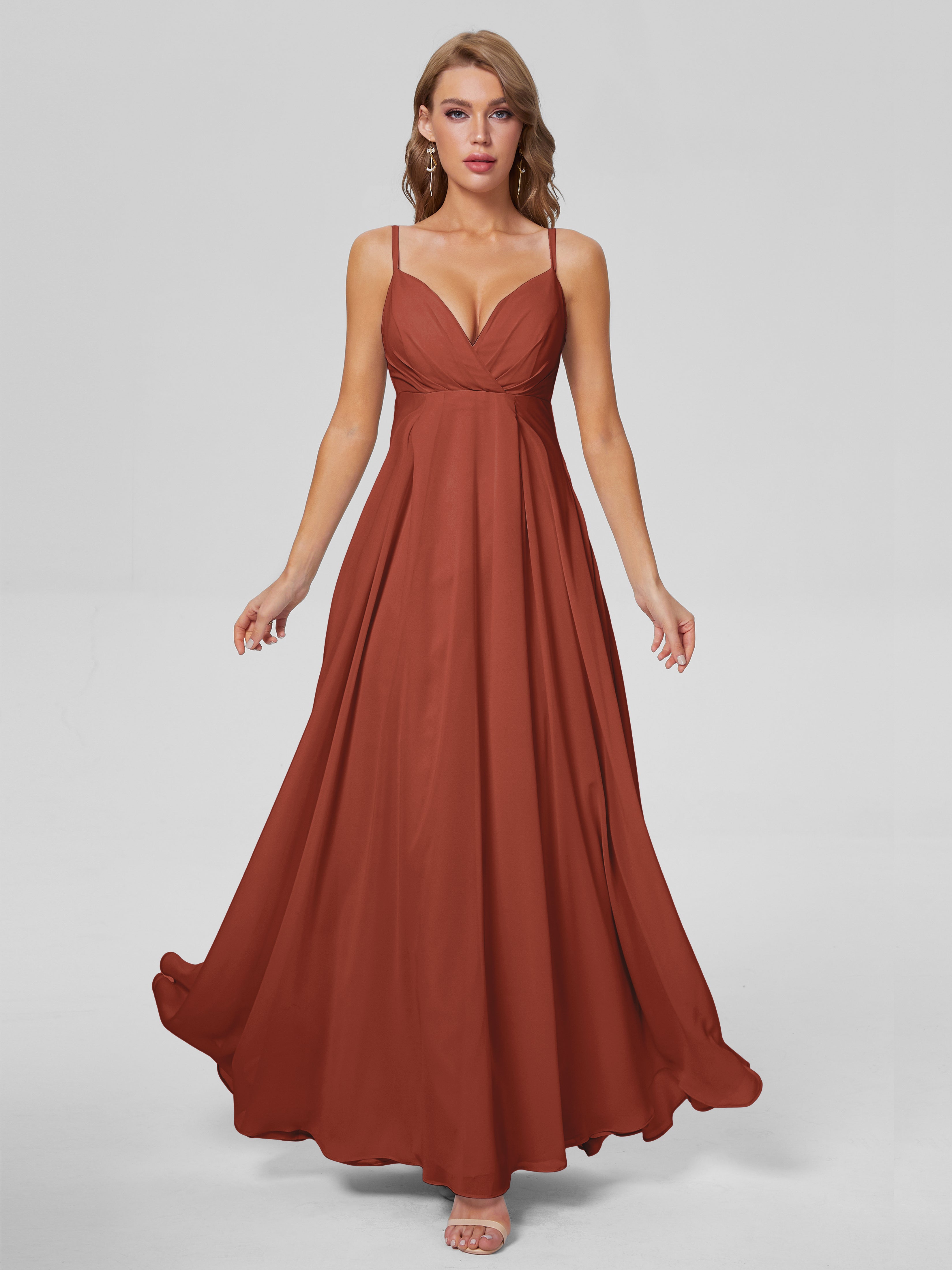 Robe Rouille Demoiselle D Honneur Classique Bretelles Spaghetti Mousseline Robes Demoiselle D'Honneur