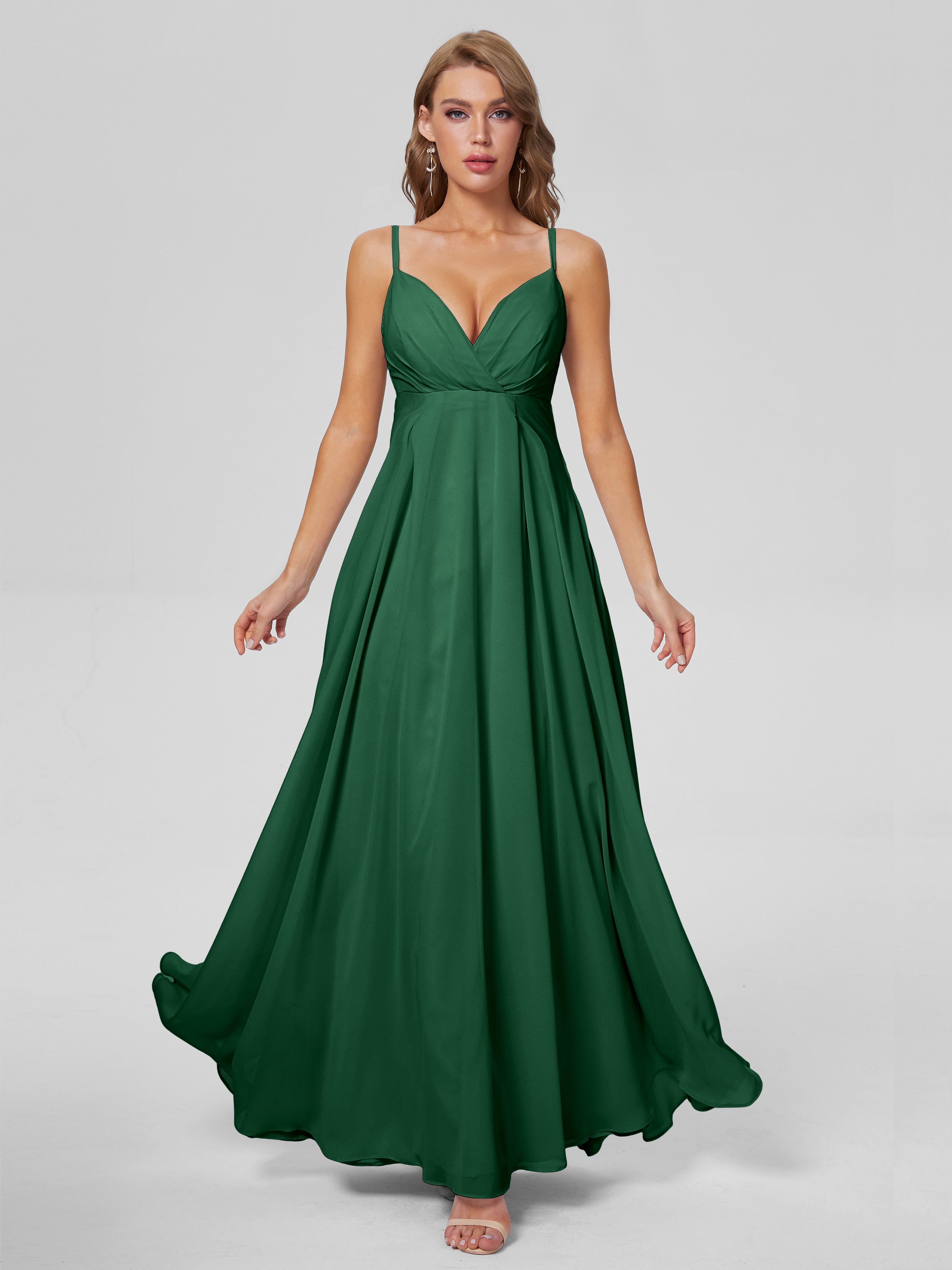 Robes De Demoiselle D'Honneur Vert Foncé Classique Bretelles Spaghetti Mousseline Robes Demoiselle D'Honneur