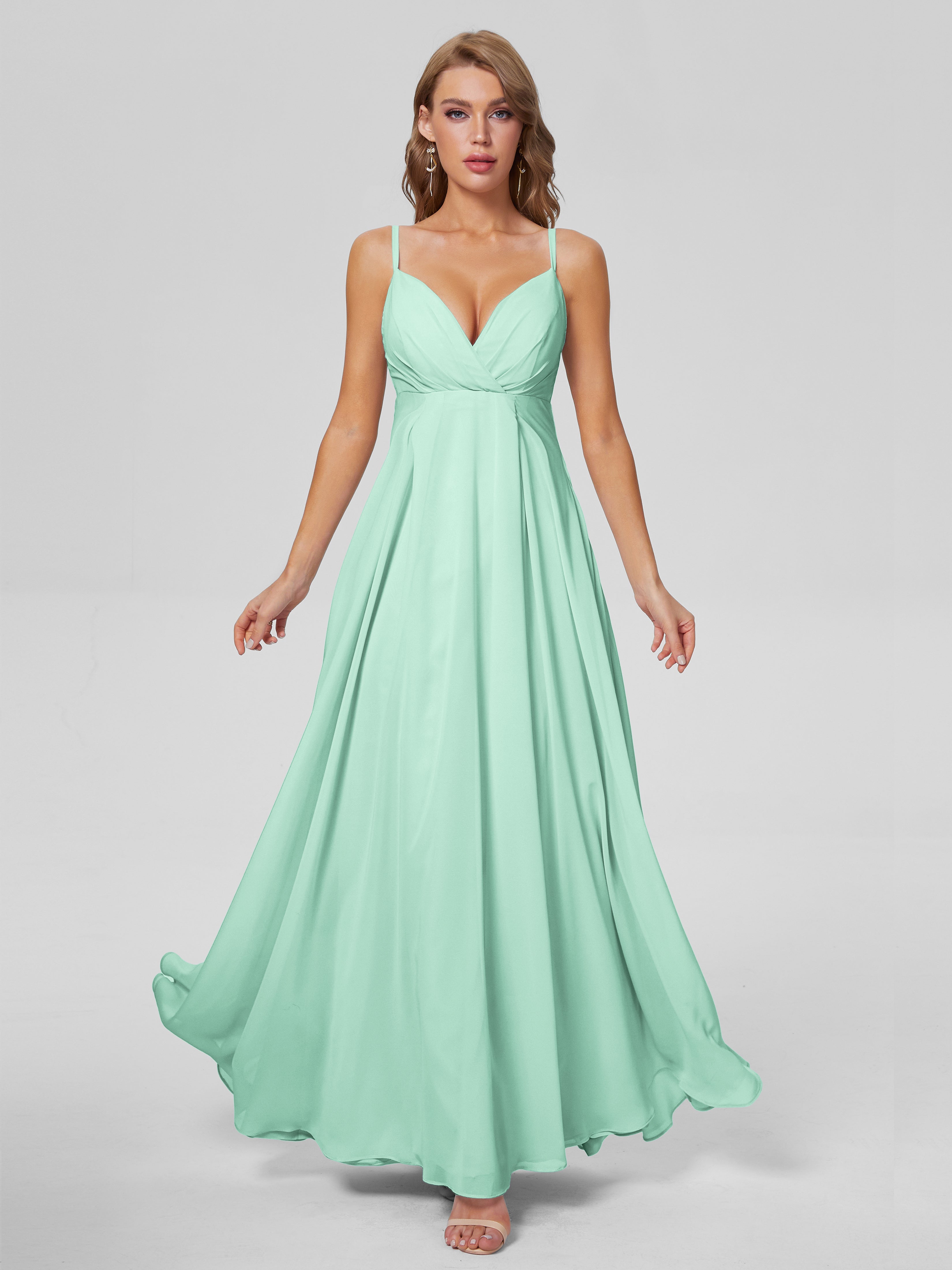 Robes De Demoiselle D'Honneur Vert Menthe Classique Bretelles Spaghetti Mousseline Robes Demoiselle D'Honneur