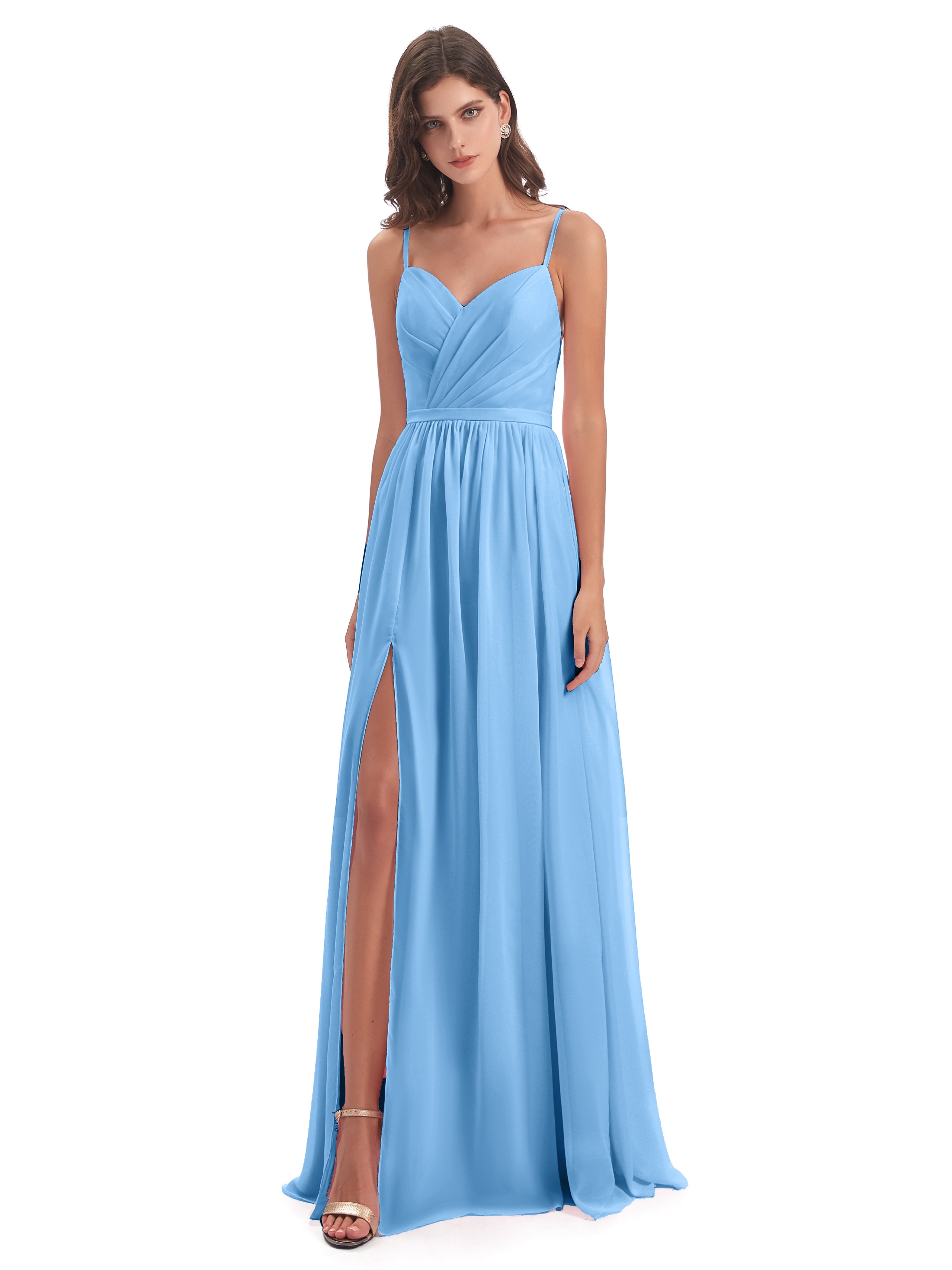Robe Bleue Demoiselle D Honneur Dos Ouvert Fendue Mousseline Robes Demoiselle D'Honneur