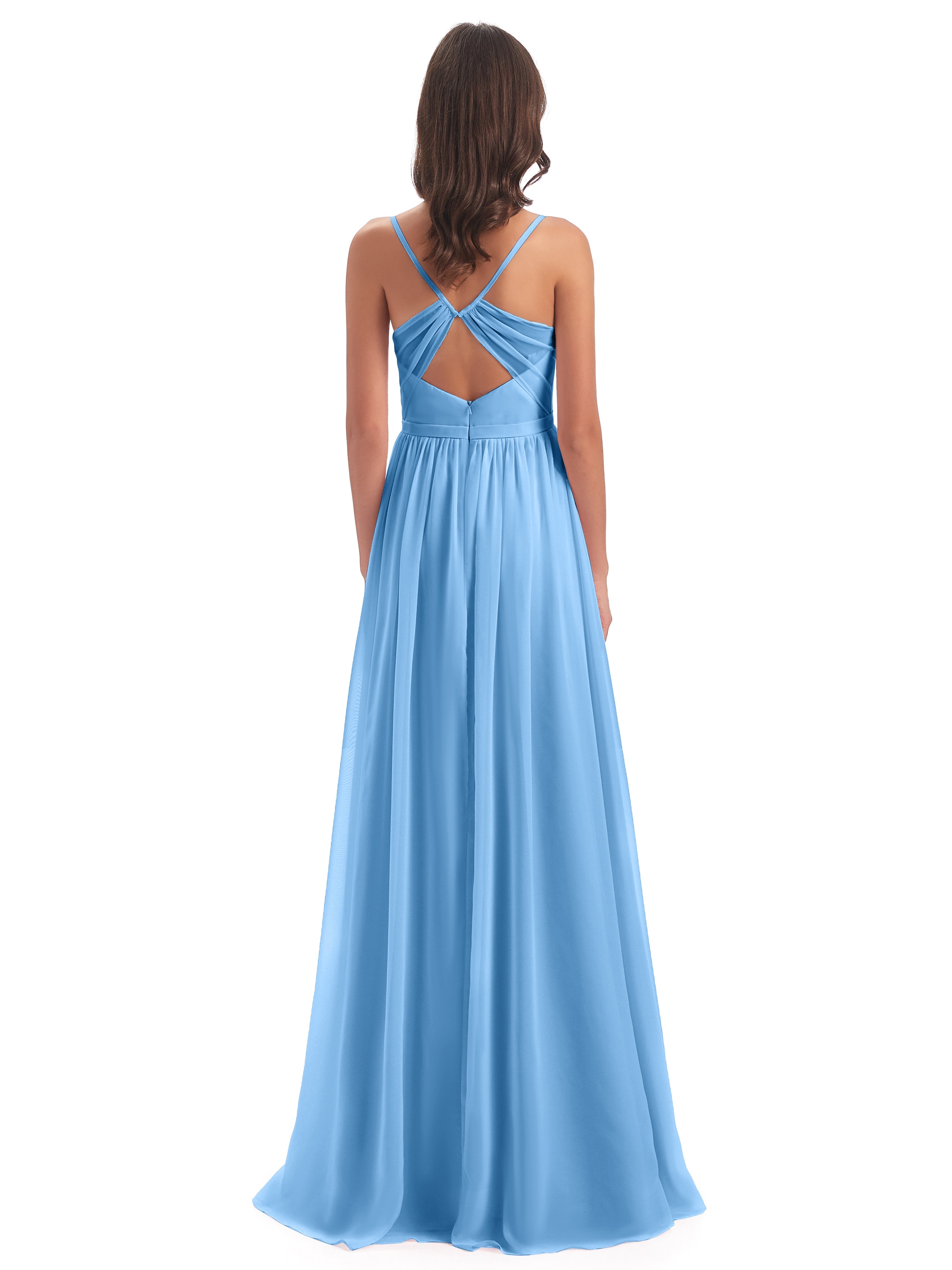Robe Bleue Demoiselle D Honneur Dos Ouvert Fendue Mousseline Robes Demoiselle D'Honneur