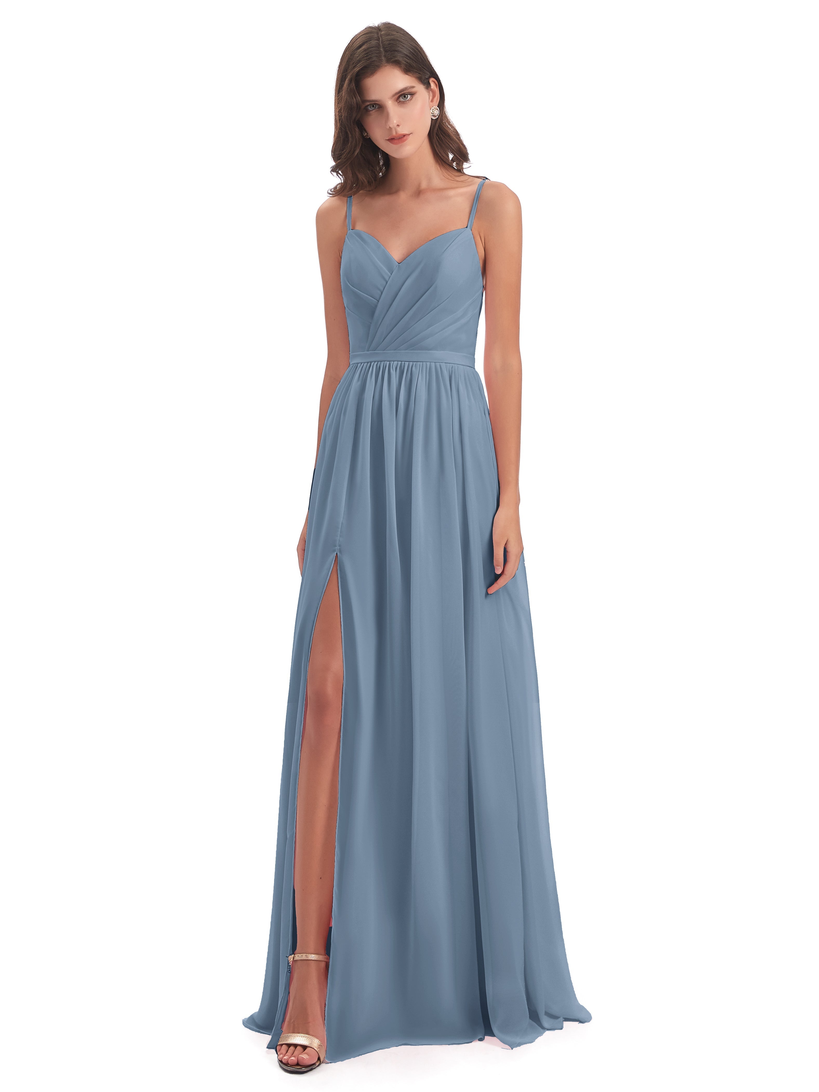 Robes De Demoiselle D'Honneur Bleu De Schiste Dos Ouvert Fendue Mousseline Robes Demoiselle D'Honneur