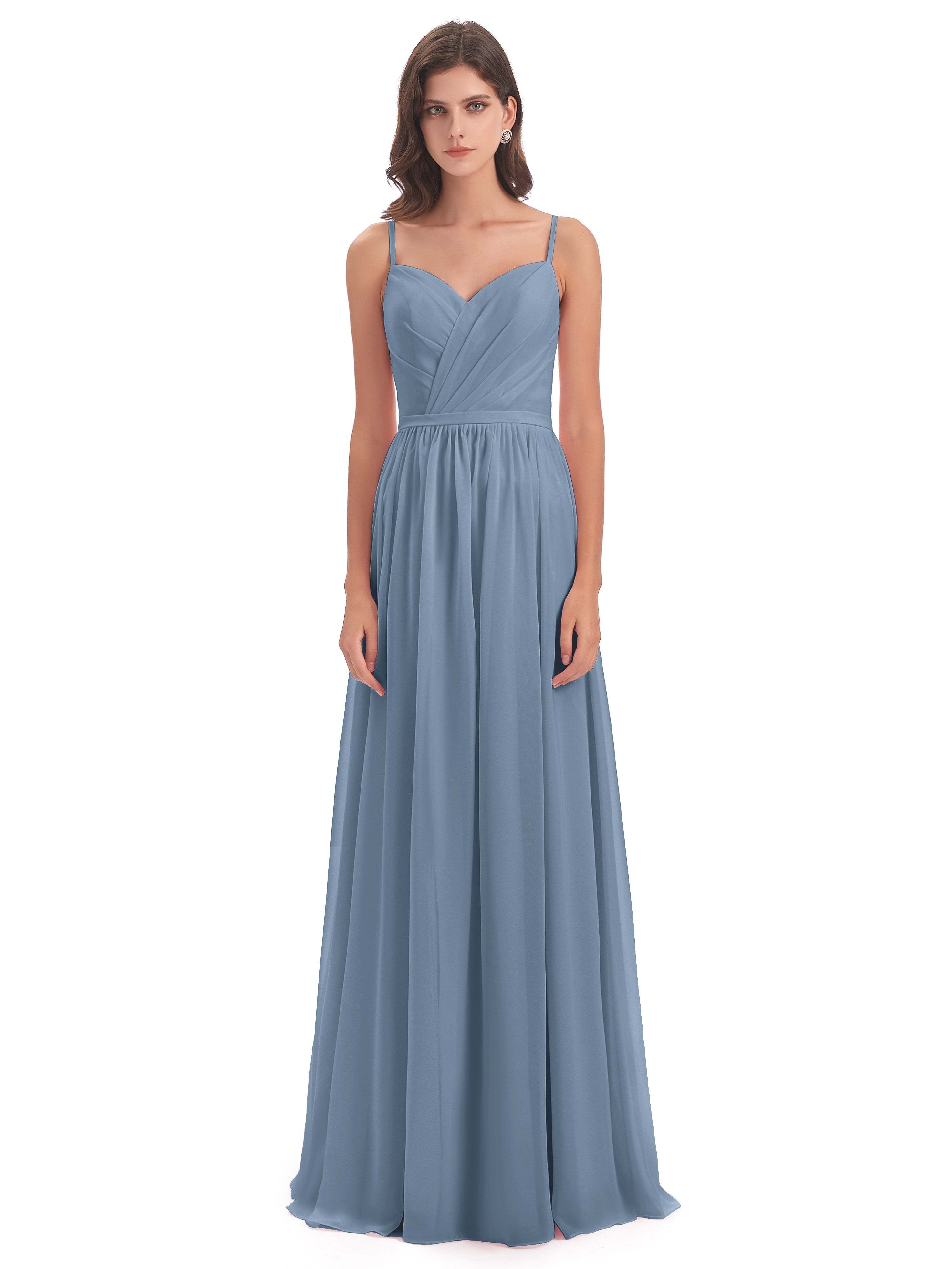 Robes De Demoiselle D'Honneur Bleu De Schiste Dos Ouvert Fendue Mousseline Robes Demoiselle D'Honneur