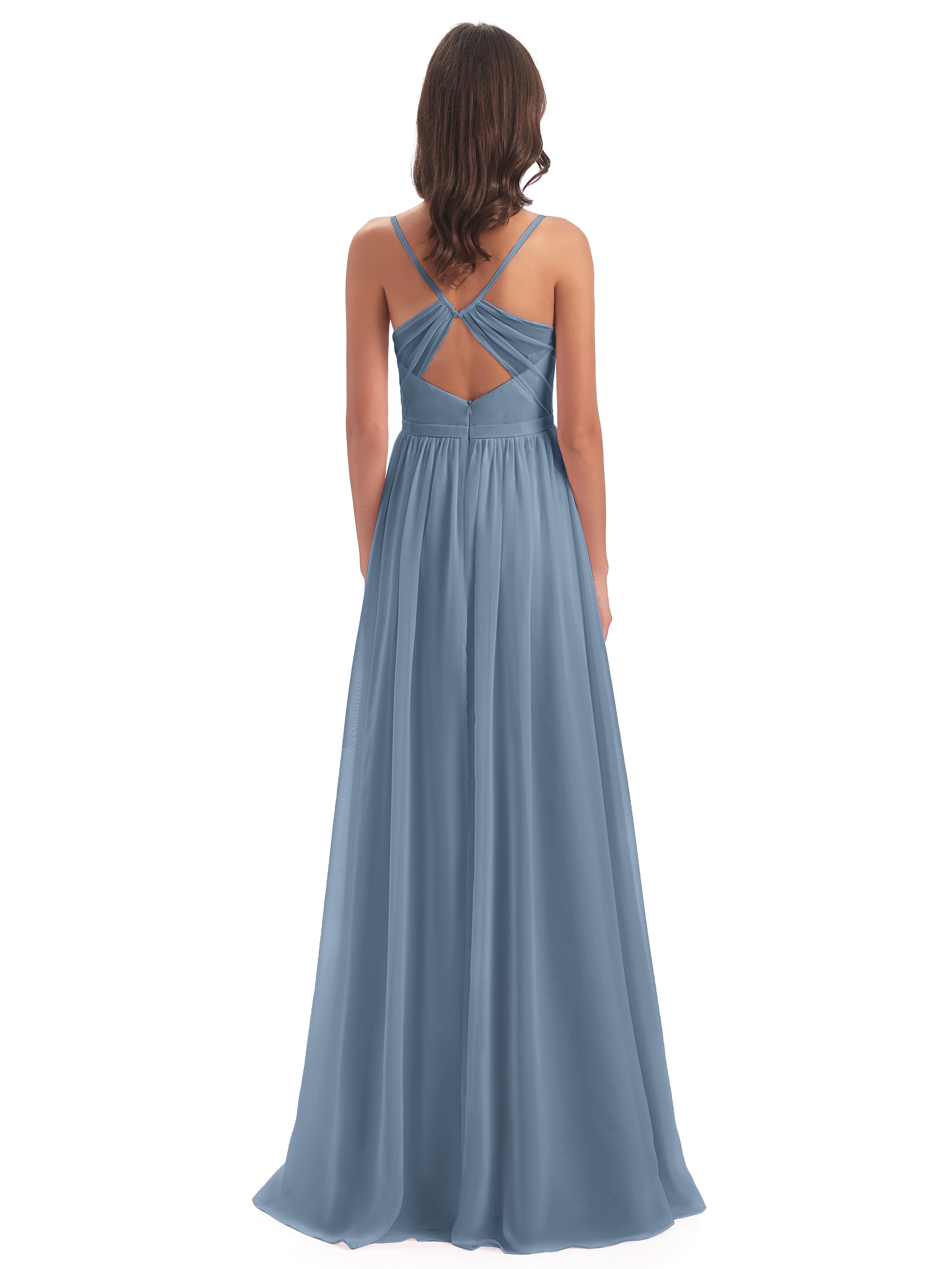 Robes De Demoiselle D'Honneur Bleu De Schiste Dos Ouvert Fendue Mousseline Robes Demoiselle D'Honneur