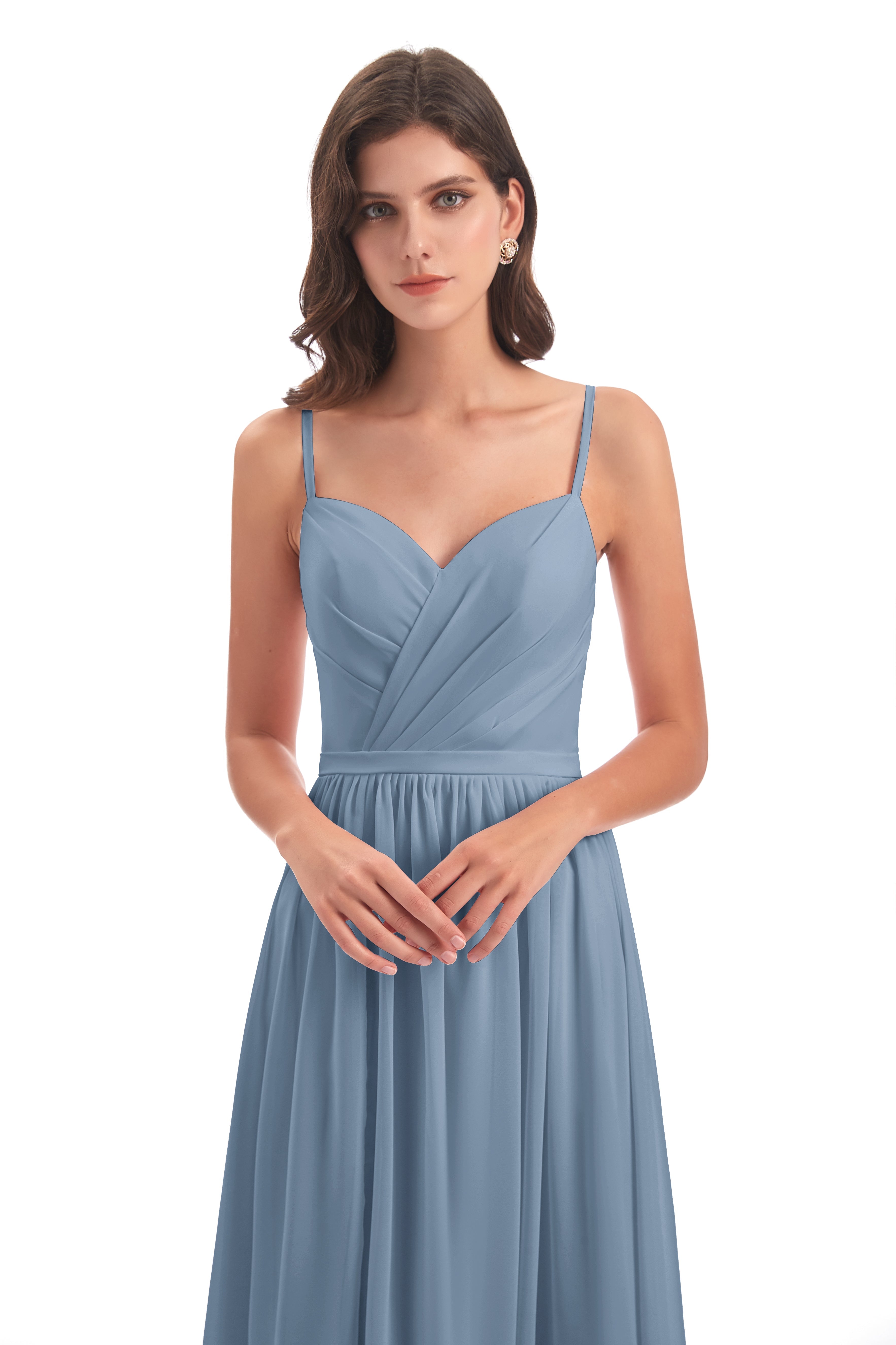 Robes De Demoiselle D'Honneur Bleu De Schiste Dos Ouvert Fendue Mousseline Robes Demoiselle D'Honneur