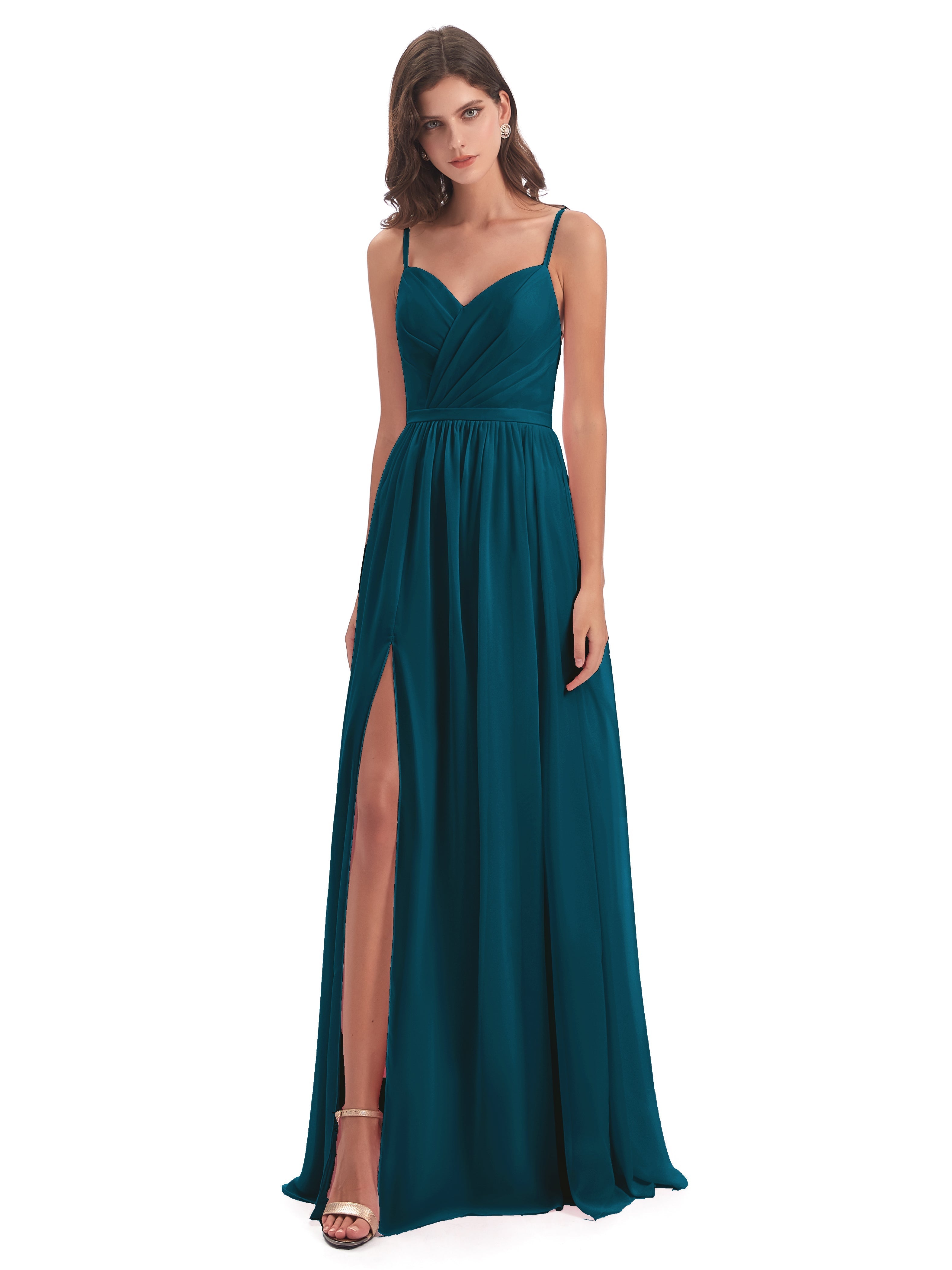 Robe De Demoiselle D'Honneur Bleu Encre Dos Ouvert Fendue Mousseline Robes Demoiselle D'Honneur