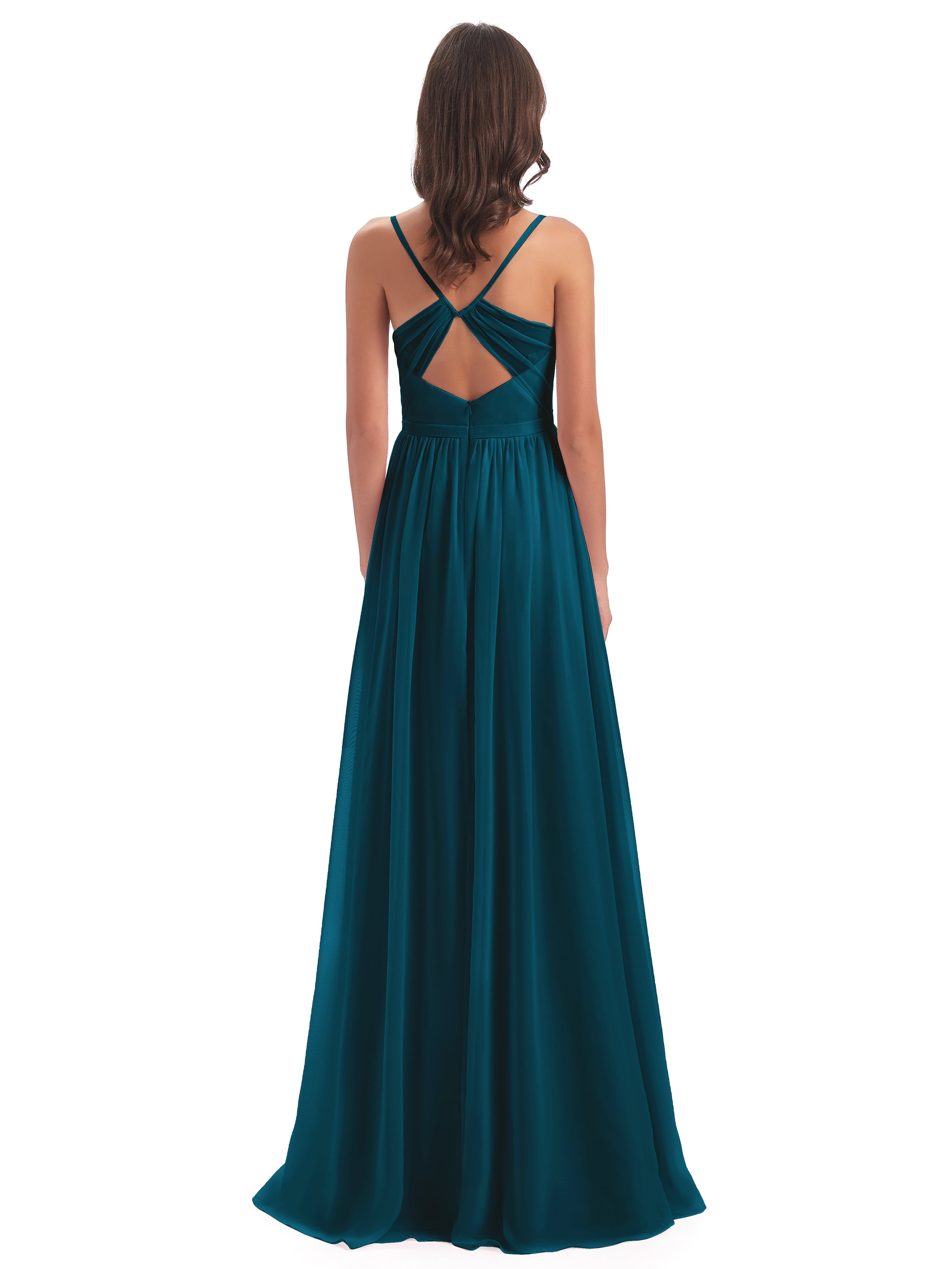 Robe De Demoiselle D'Honneur Bleu Encre Dos Ouvert Fendue Mousseline Robes Demoiselle D'Honneur