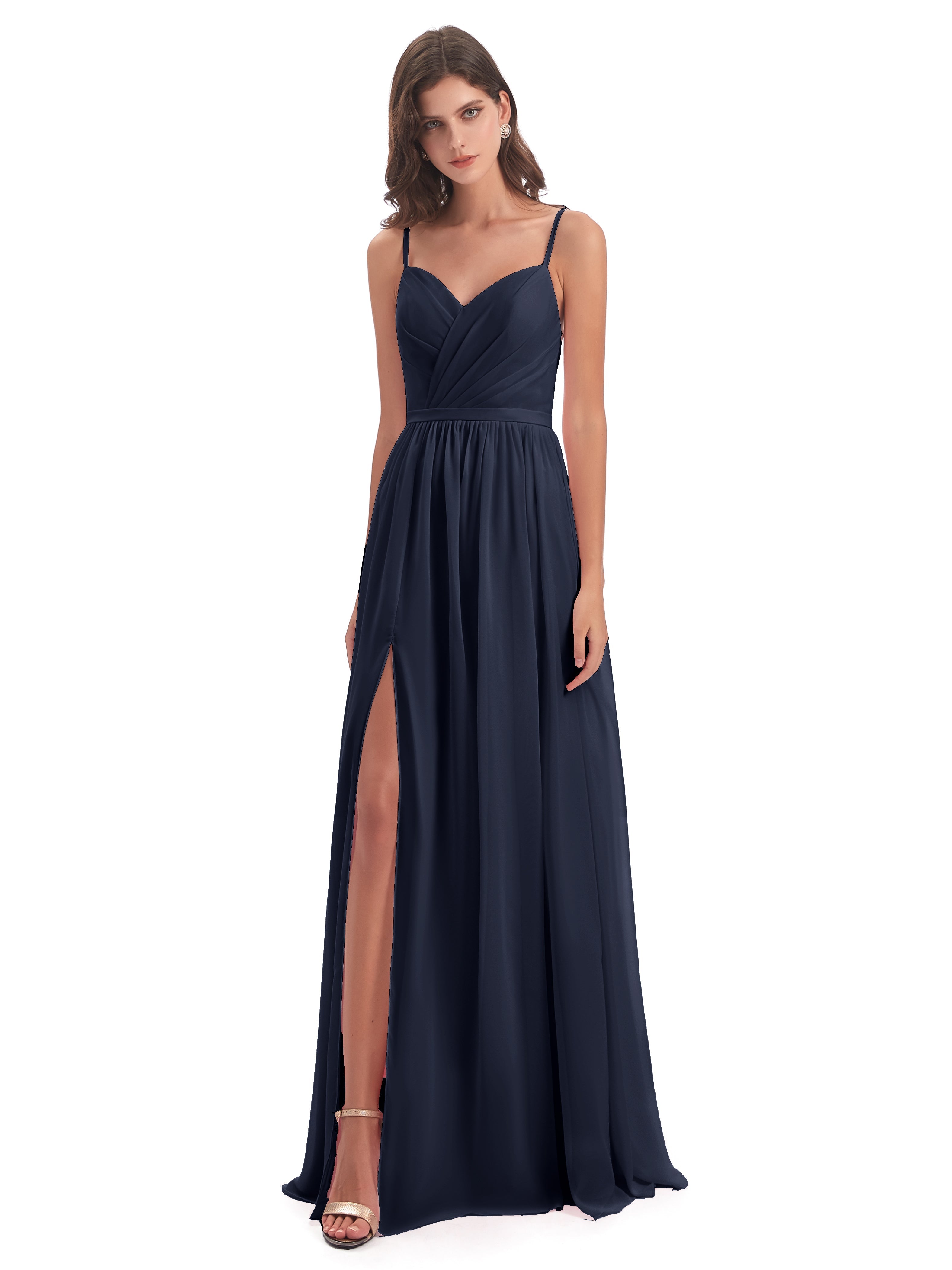 Robes De Demoiselle D'Honneur Bleu Marine Pas Cher Dos Ouvert Fendue Mousseline Robes Demoiselle D'Honneur