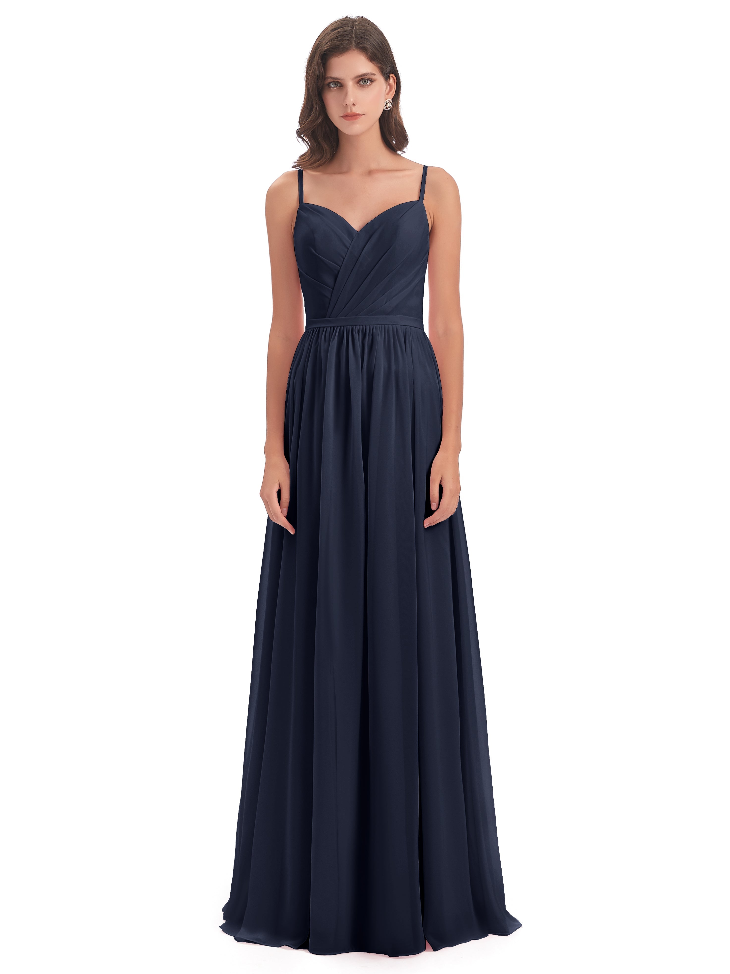 Robes De Demoiselle D'Honneur Bleu Marine Pas Cher Dos Ouvert Fendue Mousseline Robes Demoiselle D'Honneur