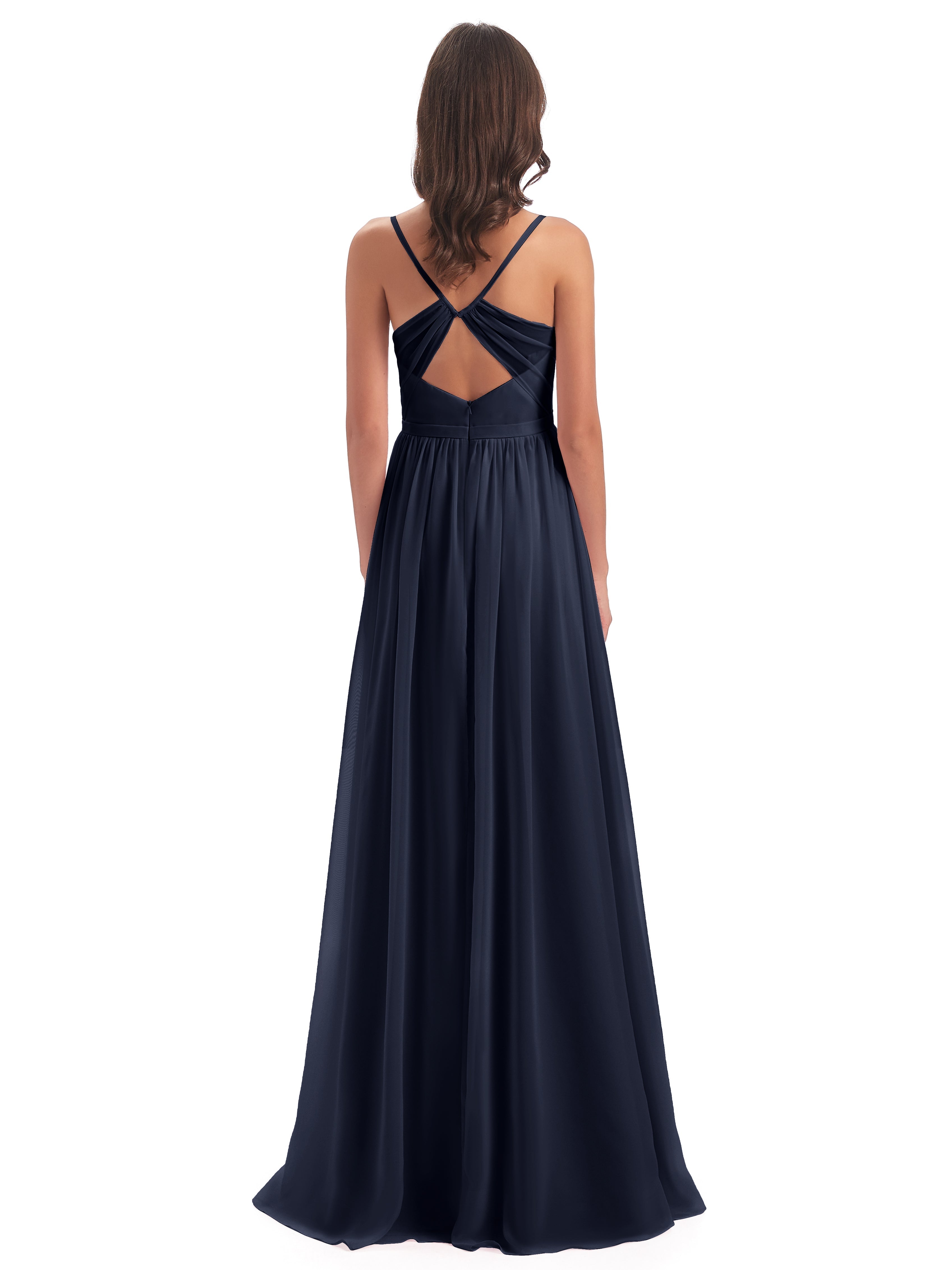 Robes De Demoiselle D'Honneur Bleu Marine Pas Cher Dos Ouvert Fendue Mousseline Robes Demoiselle D'Honneur