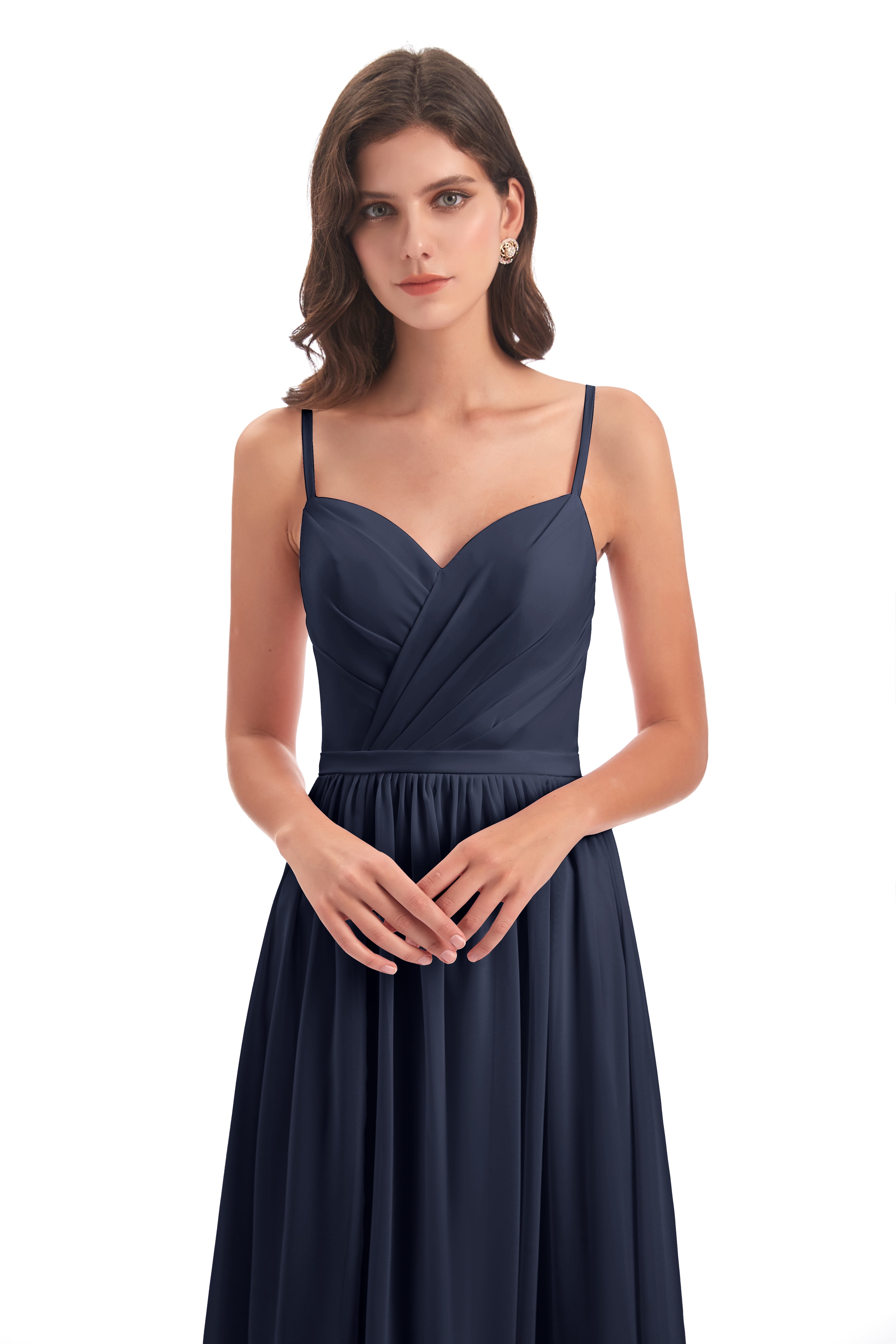 Robes De Demoiselle D'Honneur Bleu Marine Pas Cher Dos Ouvert Fendue Mousseline Robes Demoiselle D'Honneur