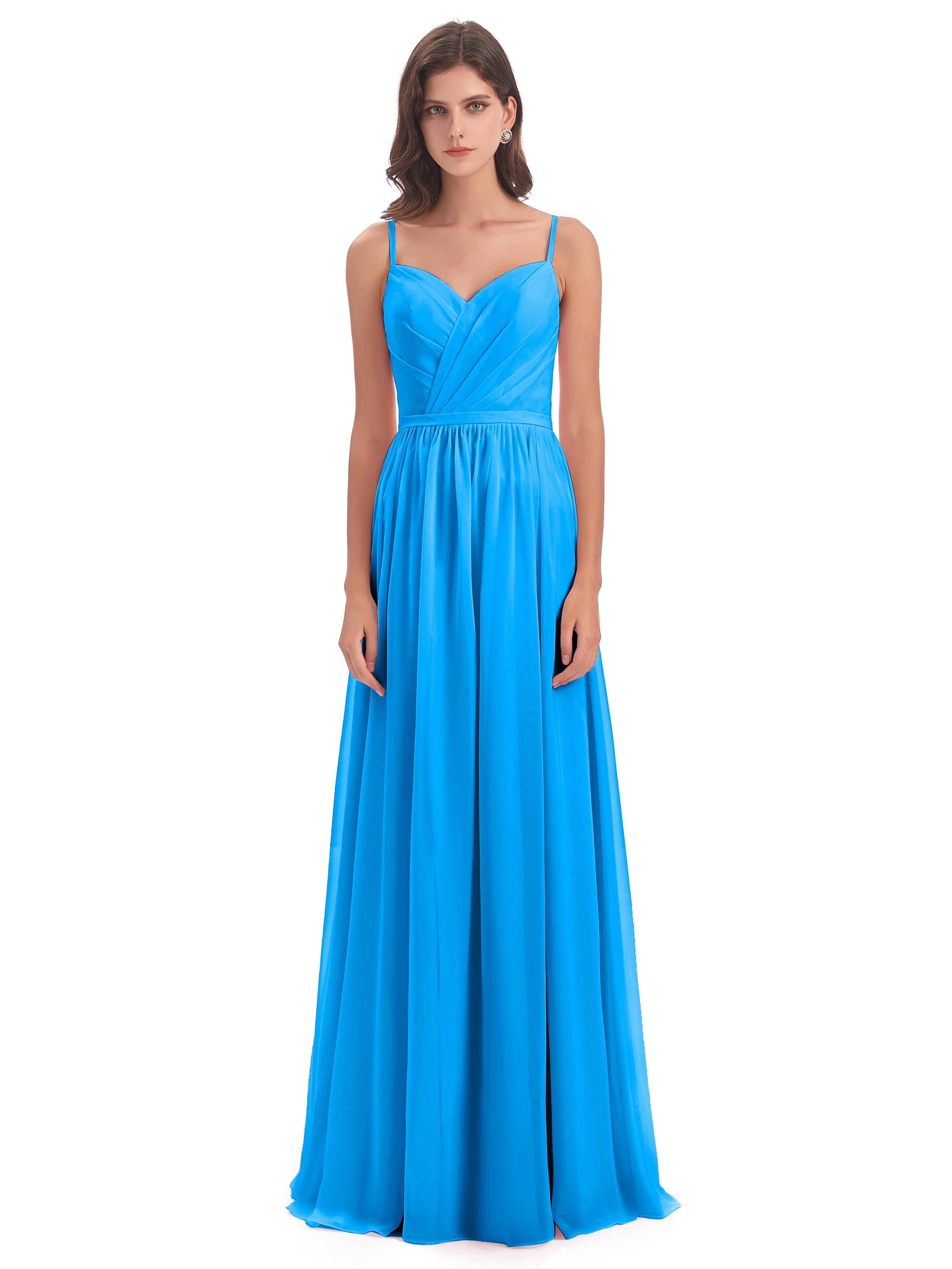 Robes De Demoiselle D'Honneur Bleu Océan Dos Ouvert Fendue Mousseline Robes Demoiselle D'Honneur