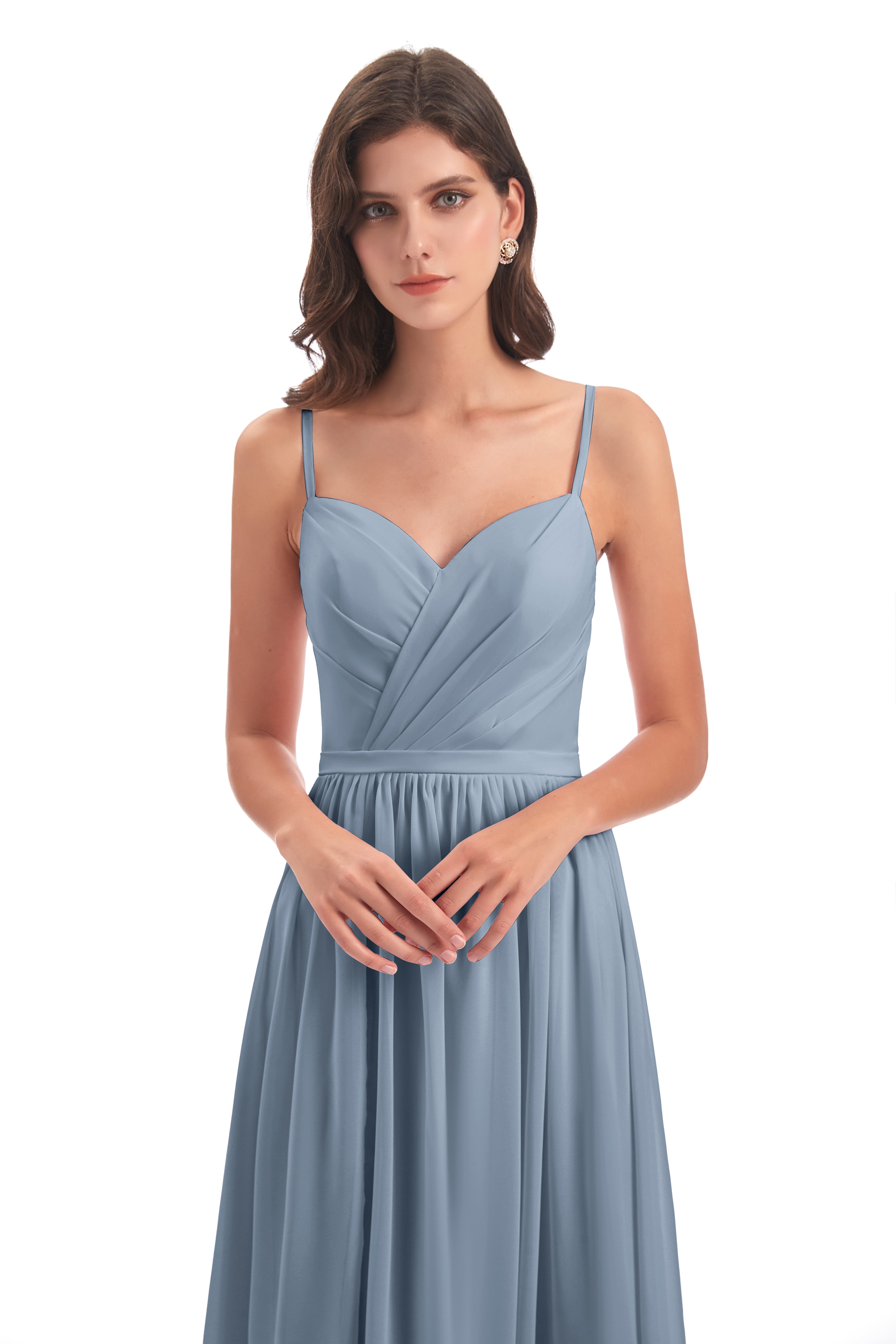 Robe Demoiselle D Honneur Bleu Poussiereux Dos Ouvert Fendue Mousseline Robes Demoiselle D'Honneur