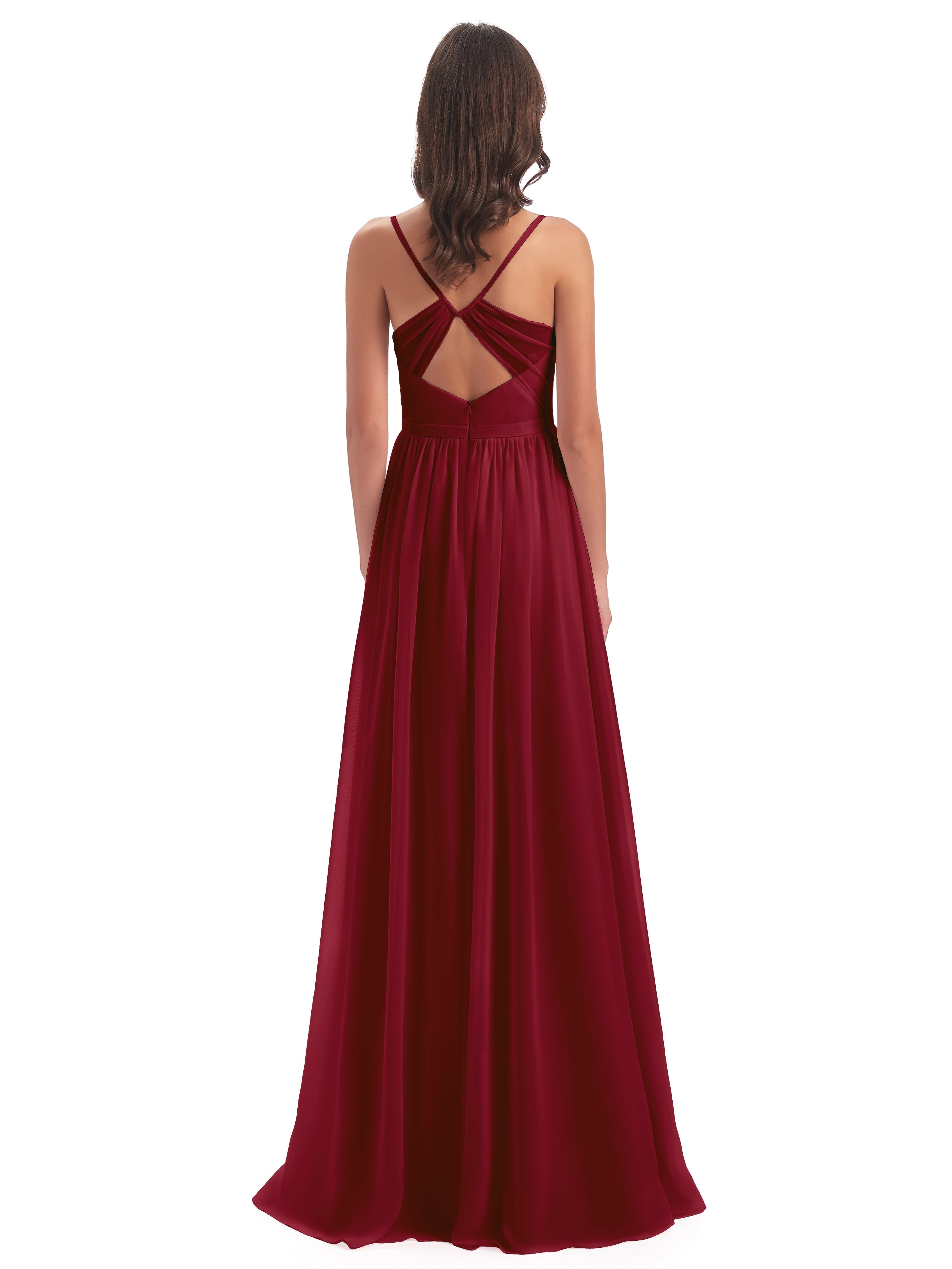 Robes De Demoiselle D'Honneur Couleur Bordeaux Dos Ouvert Fendue Mousseline Robes Demoiselle D'Honneur