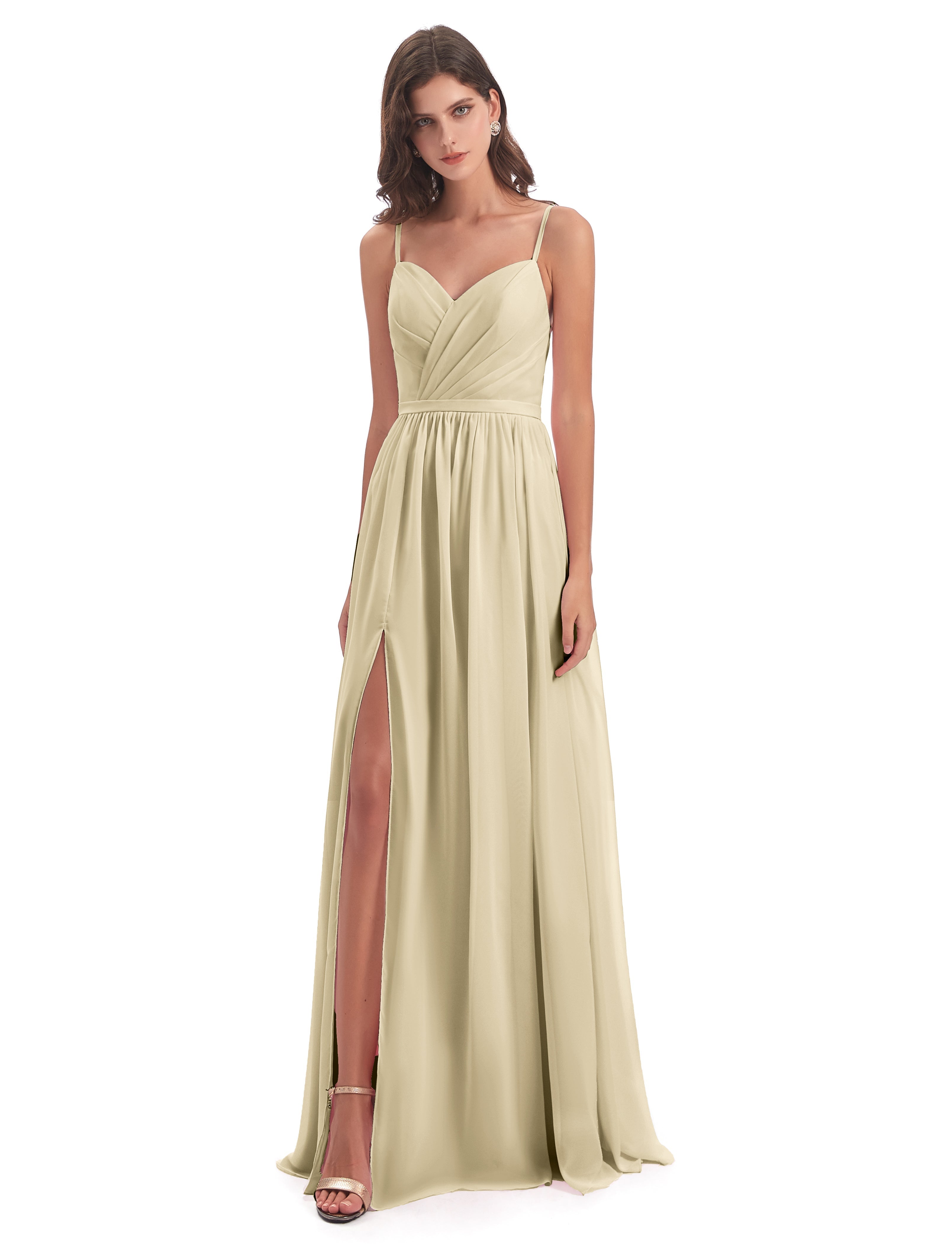 Robe De Demoiselle D Honneur Champagne Dos Ouvert Fendue Mousseline Robes Demoiselle D'Honneur