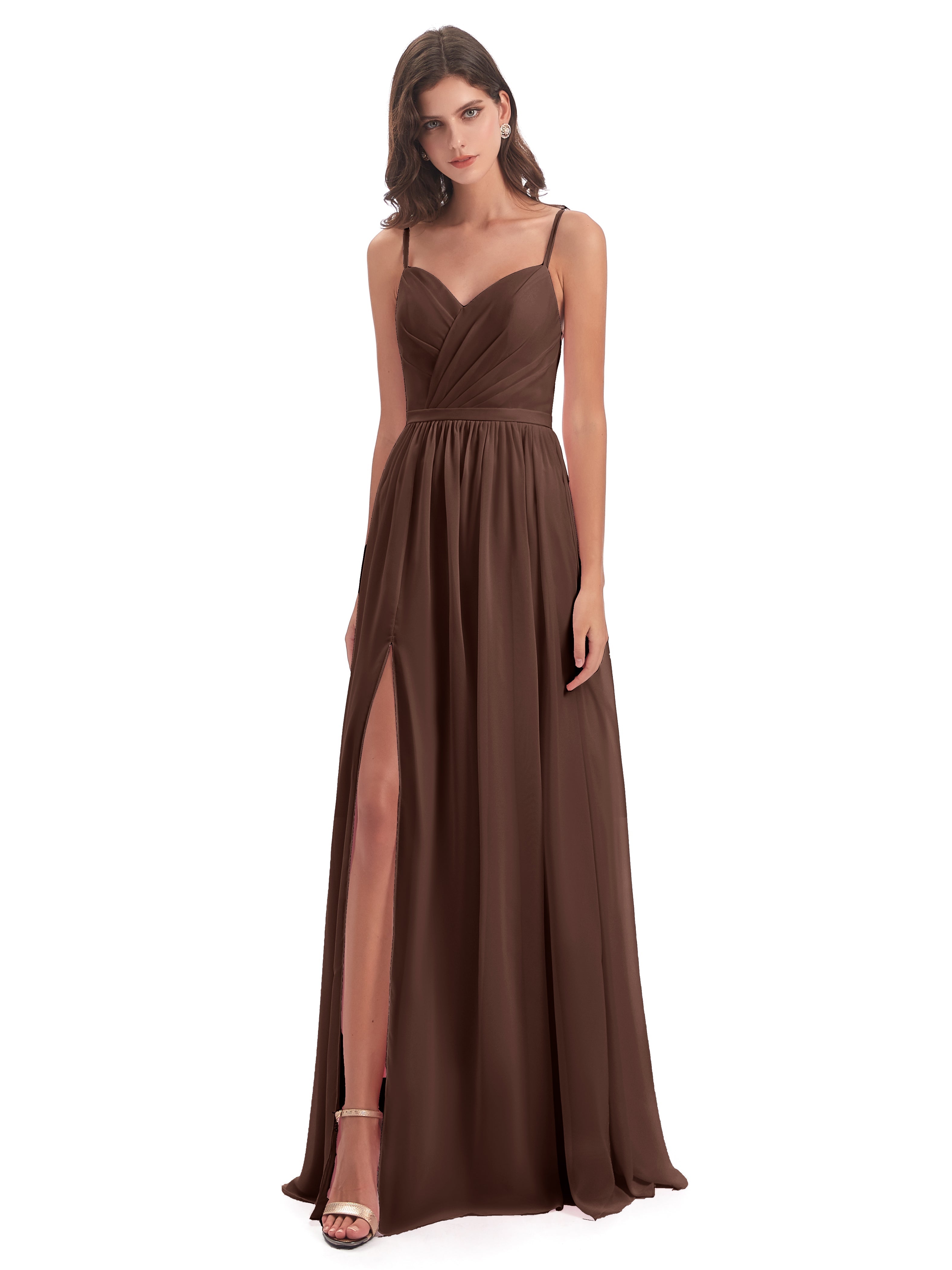 Robe Chocolat Demoiselle D Honneur Dos Ouvert Fendue Mousseline Robes Demoiselle D'Honneur