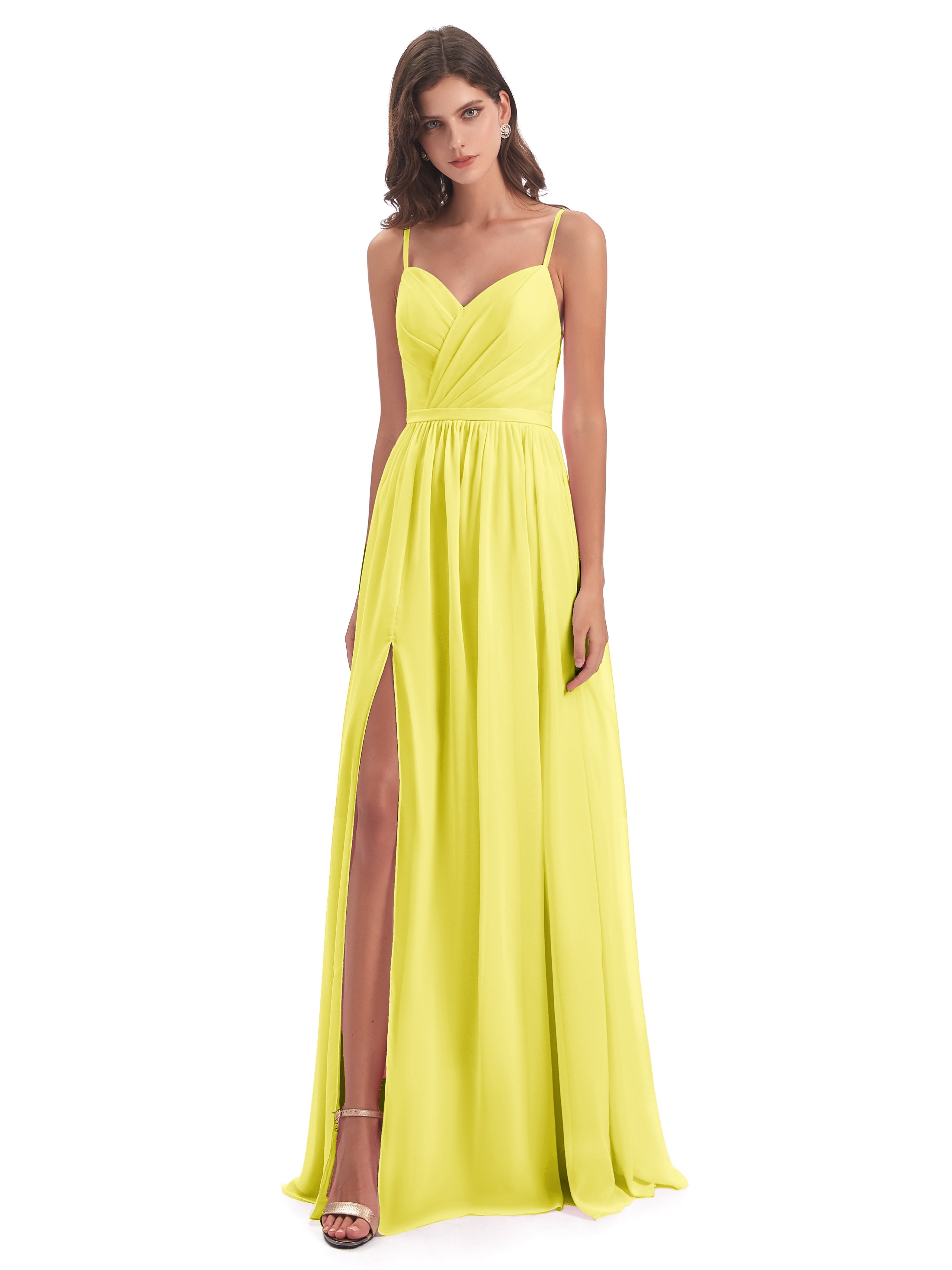 Robes De Demoiselle D'Honneur Citron Dos Ouvert Fendue Mousseline Robes Demoiselle D'Honneur