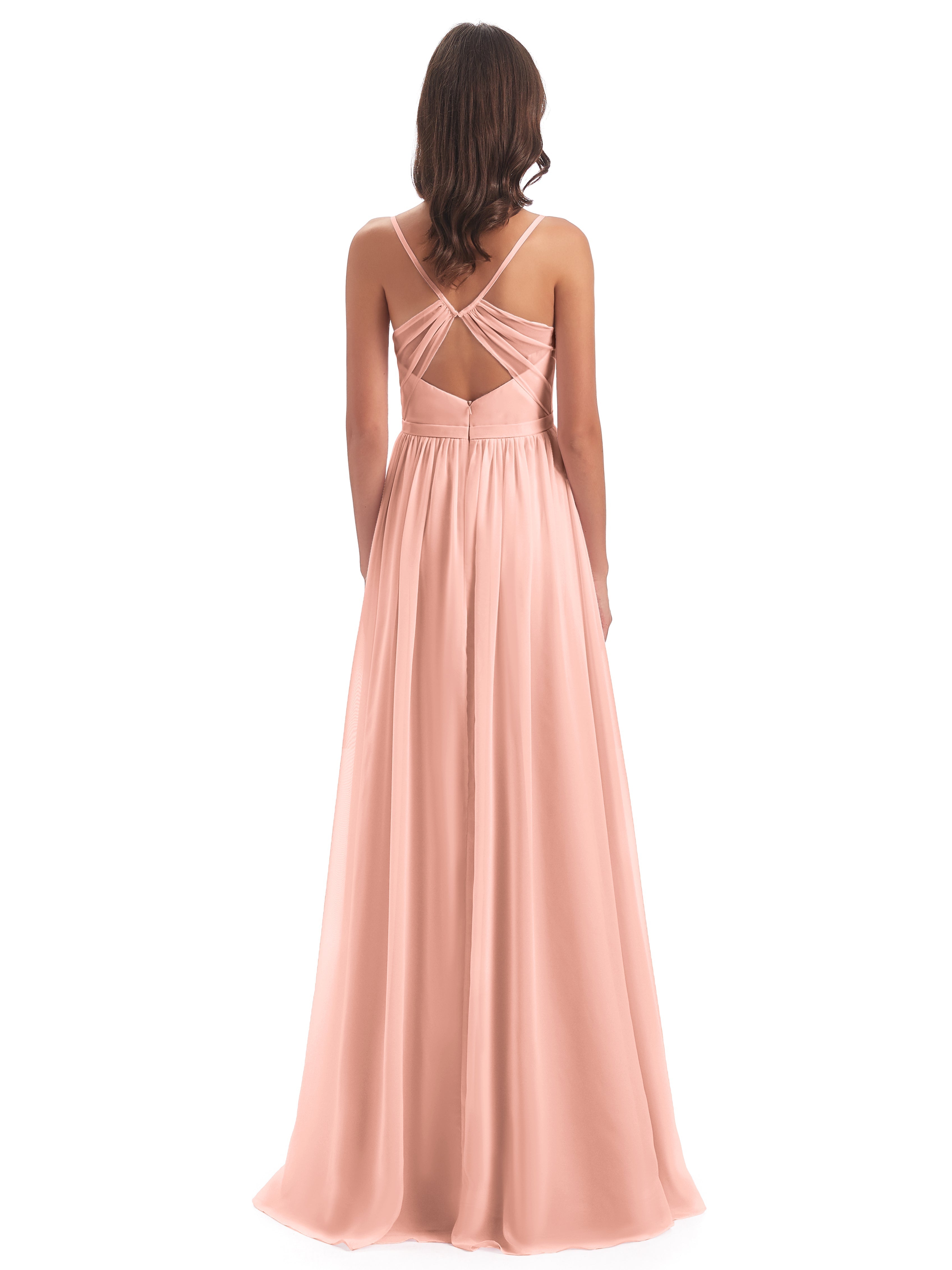 Robes De Demoiselle D'Honneur Couleur Corail Dos Ouvert Fendue Mousseline Robes Demoiselle D'Honneur