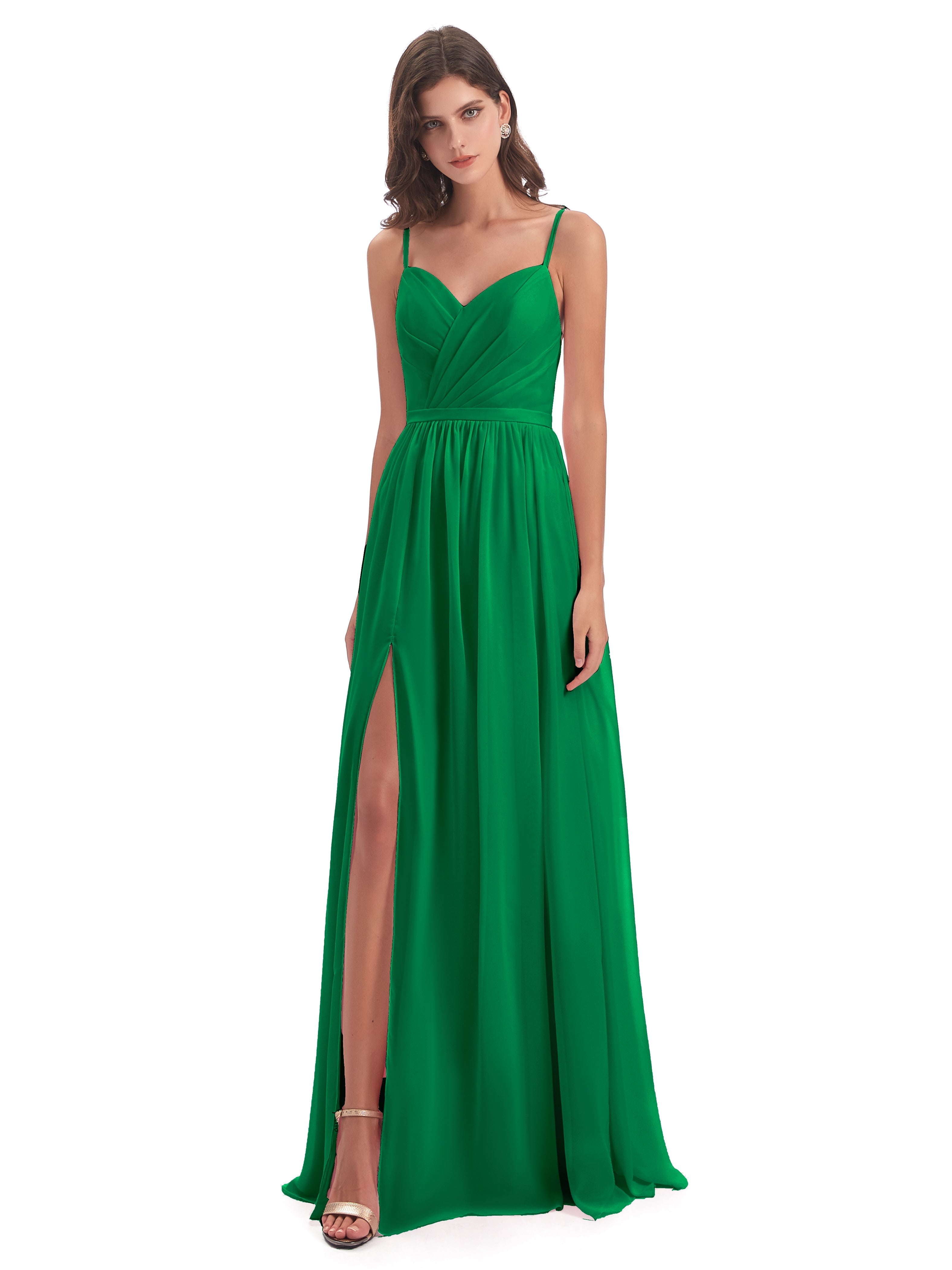 Robes De Demoiselle D'Honneur Émeraude Dos Ouvert Fendue Mousseline Robes Demoiselle D'Honneur