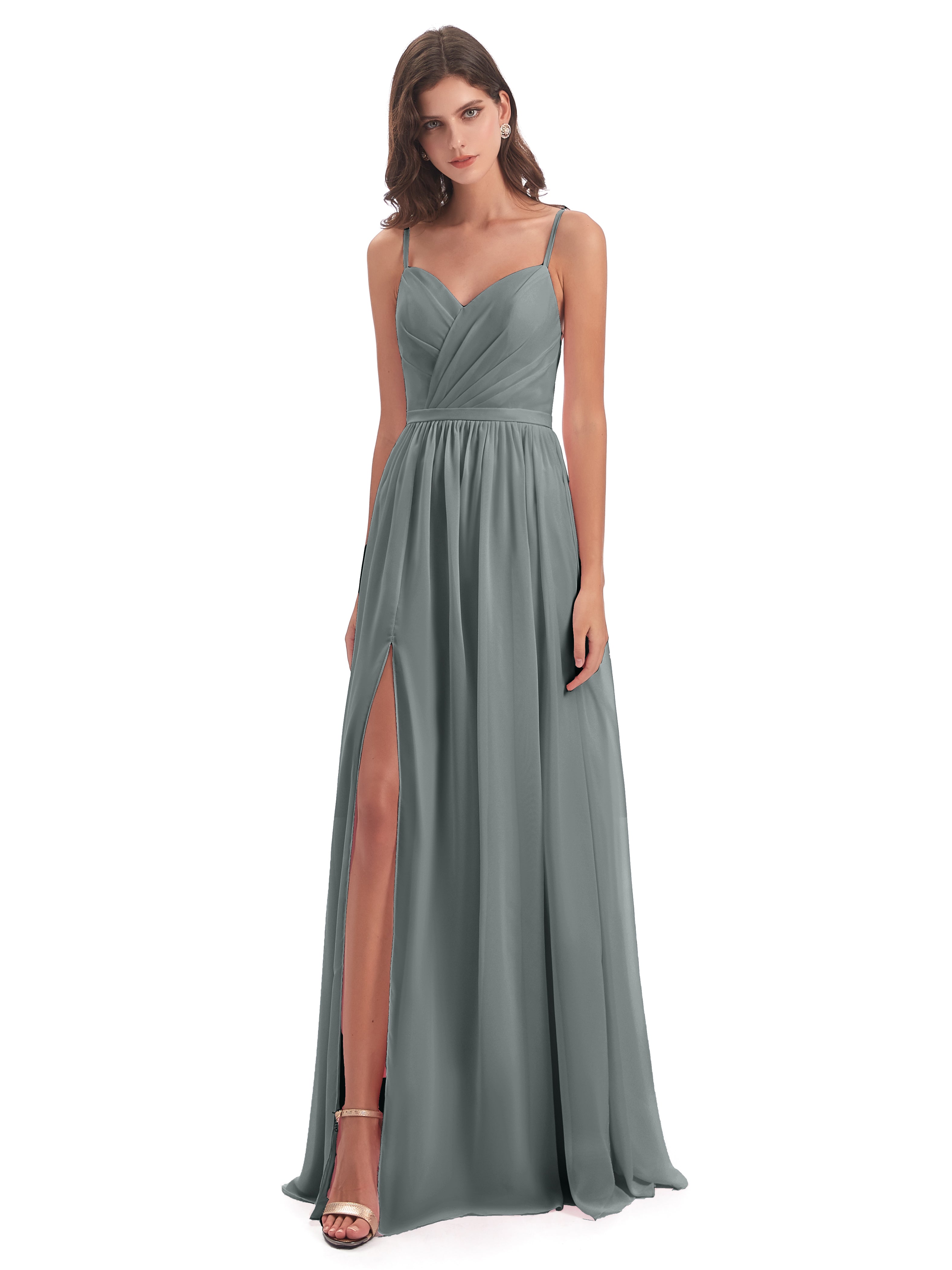 Robe Demoiselle D Honneur Gris Argenté Dos Ouvert Fendue Mousseline Robes Demoiselle D'Honneur