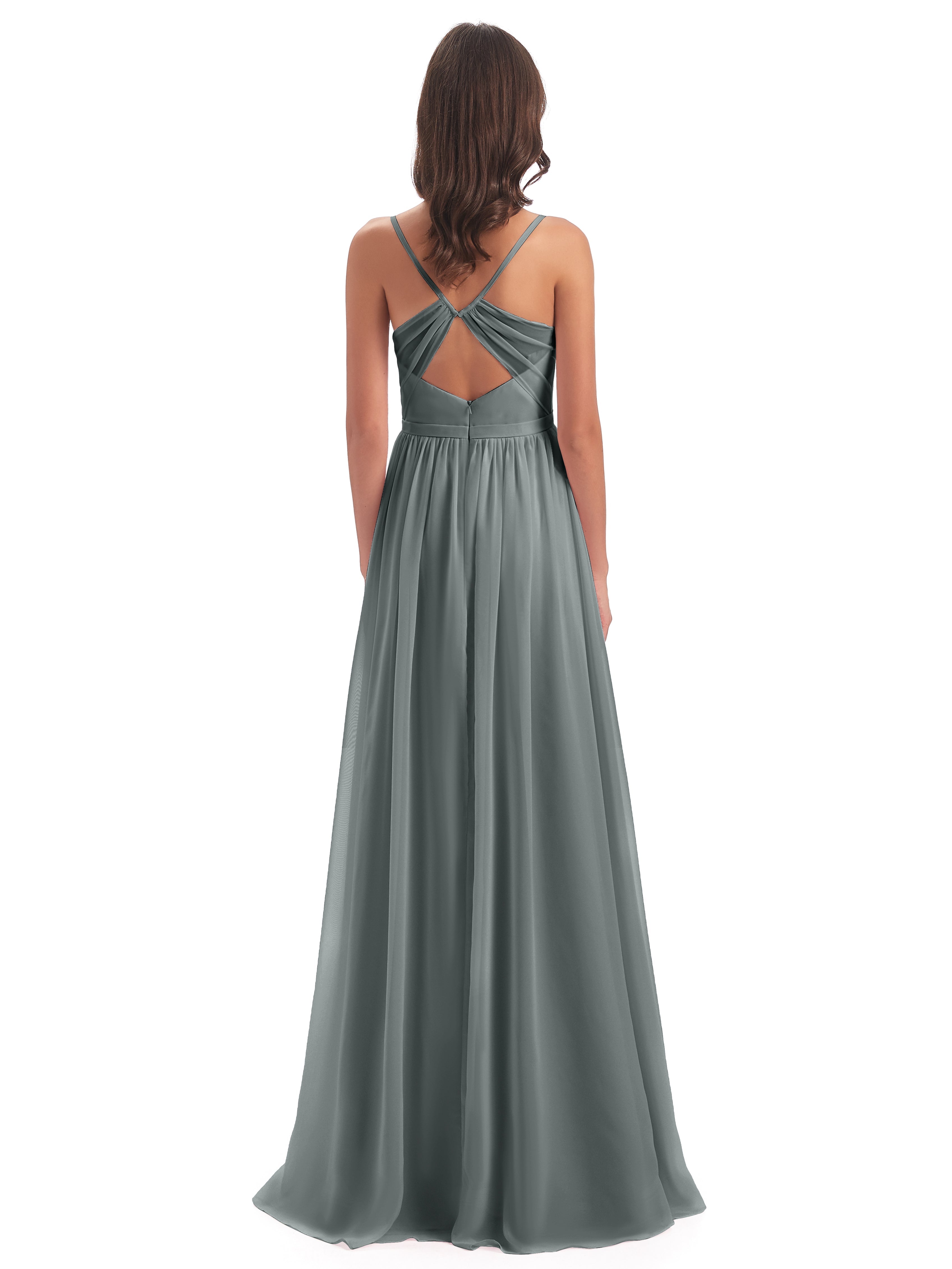 Robe Demoiselle D Honneur Gris Argenté Dos Ouvert Fendue Mousseline Robes Demoiselle D'Honneur