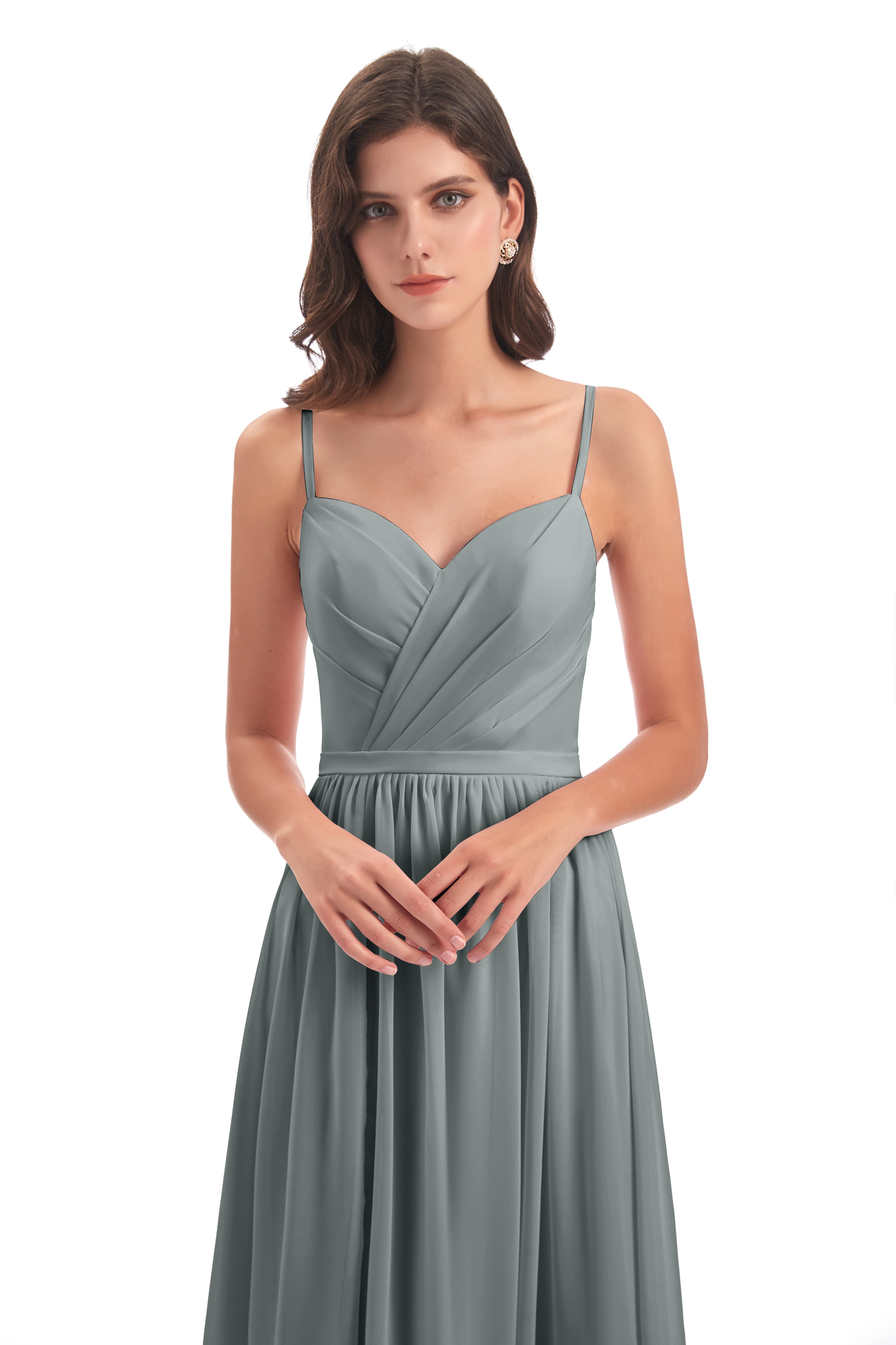 Robe Demoiselle D Honneur Gris Argenté Dos Ouvert Fendue Mousseline Robes Demoiselle D'Honneur