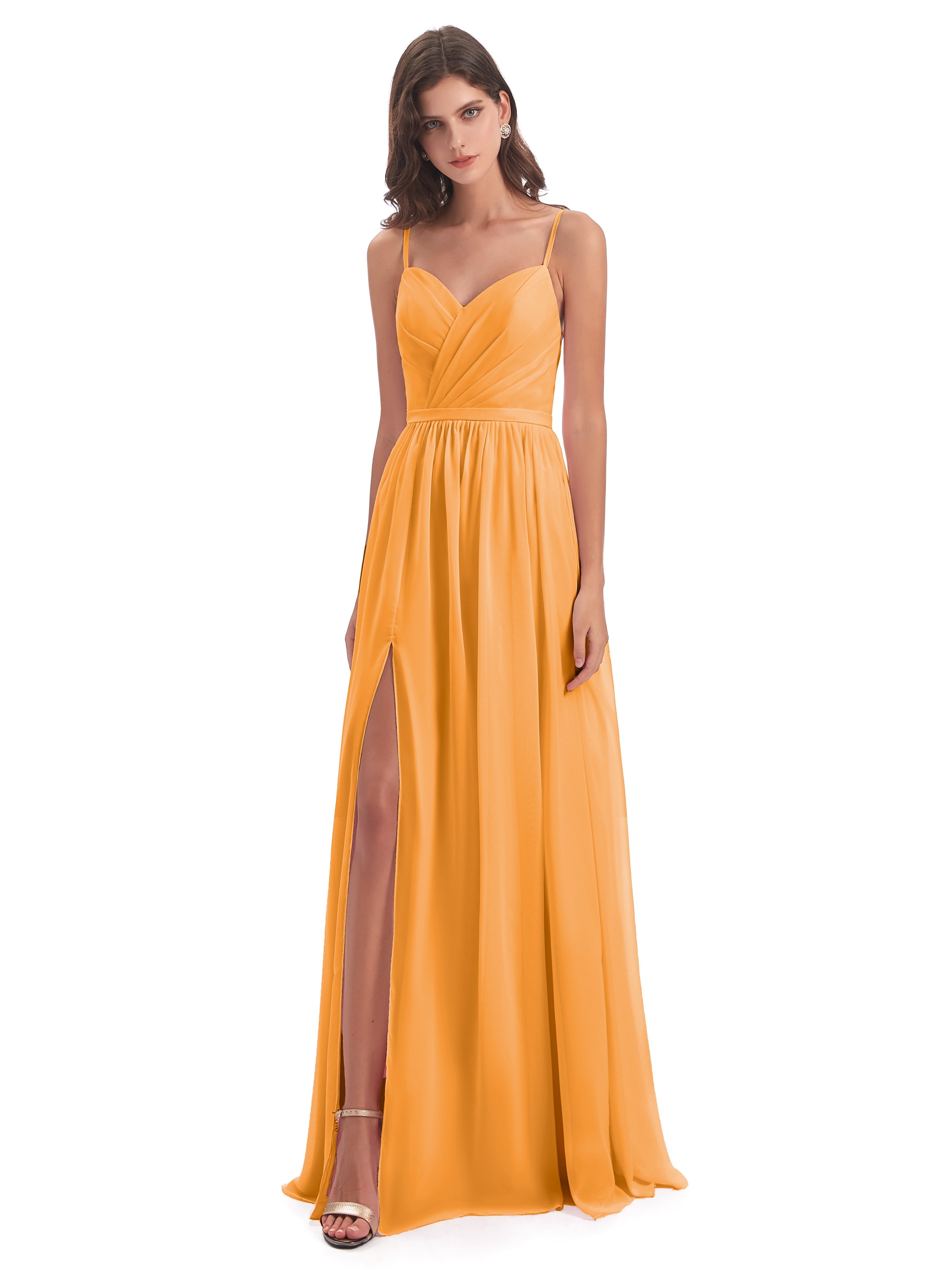 Robes De Demoiselle D'Honneur Mandarine Dos Ouvert Fendue Mousseline Robes Demoiselle D'Honneur