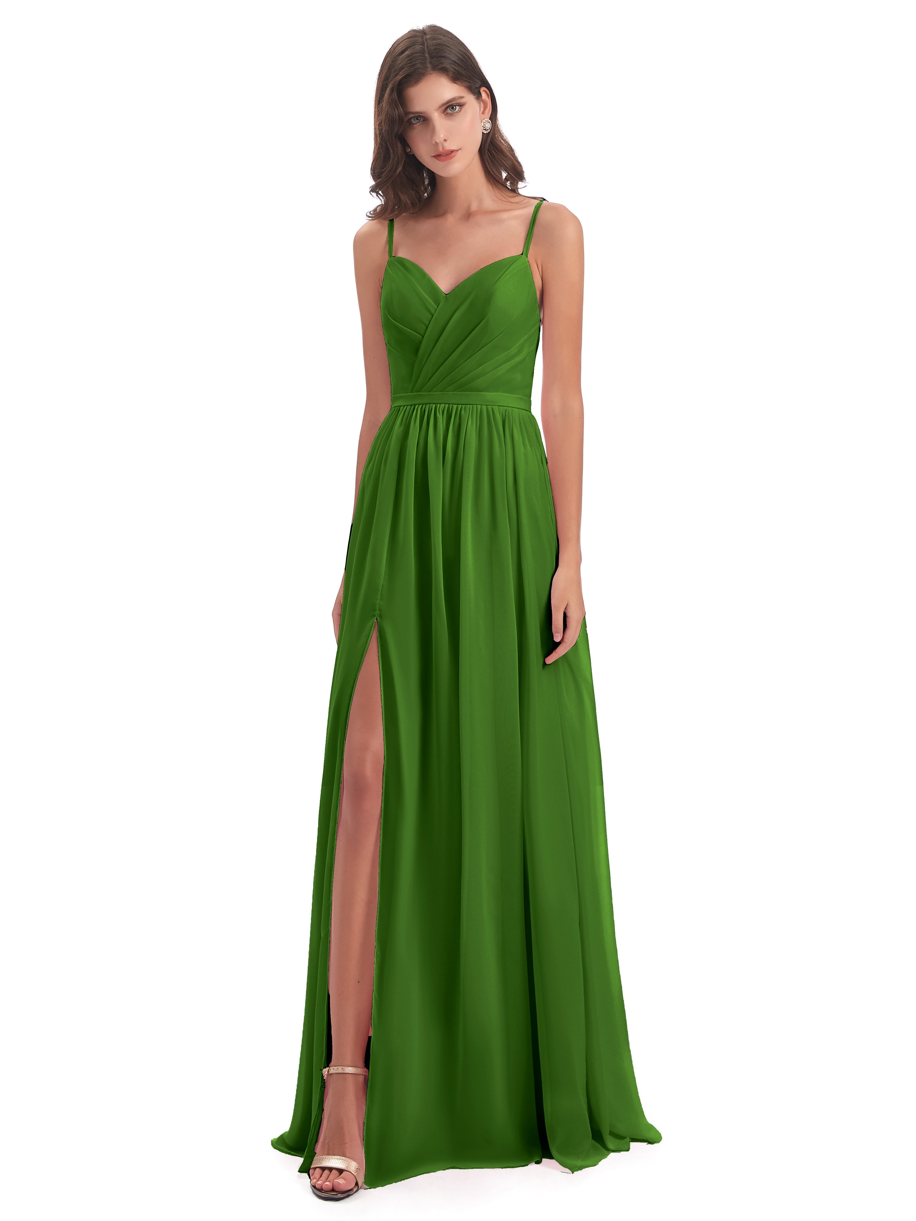 Robes De Demoiselle D'Honneur Vert Mousse Dos Ouvert Fendue Mousseline Robes Demoiselle D'Honneur