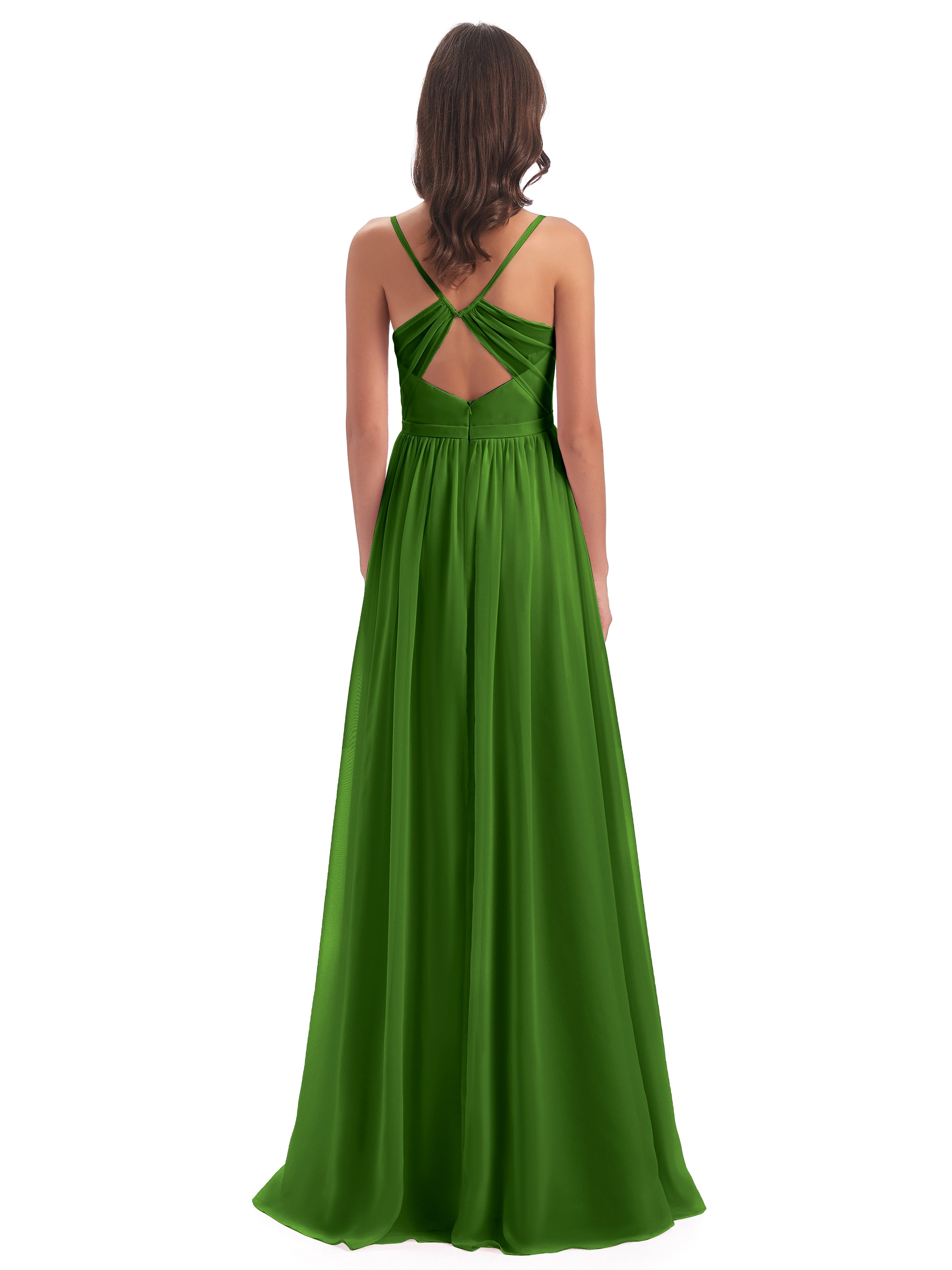 Robes De Demoiselle D'Honneur Vert Mousse Dos Ouvert Fendue Mousseline Robes Demoiselle D'Honneur