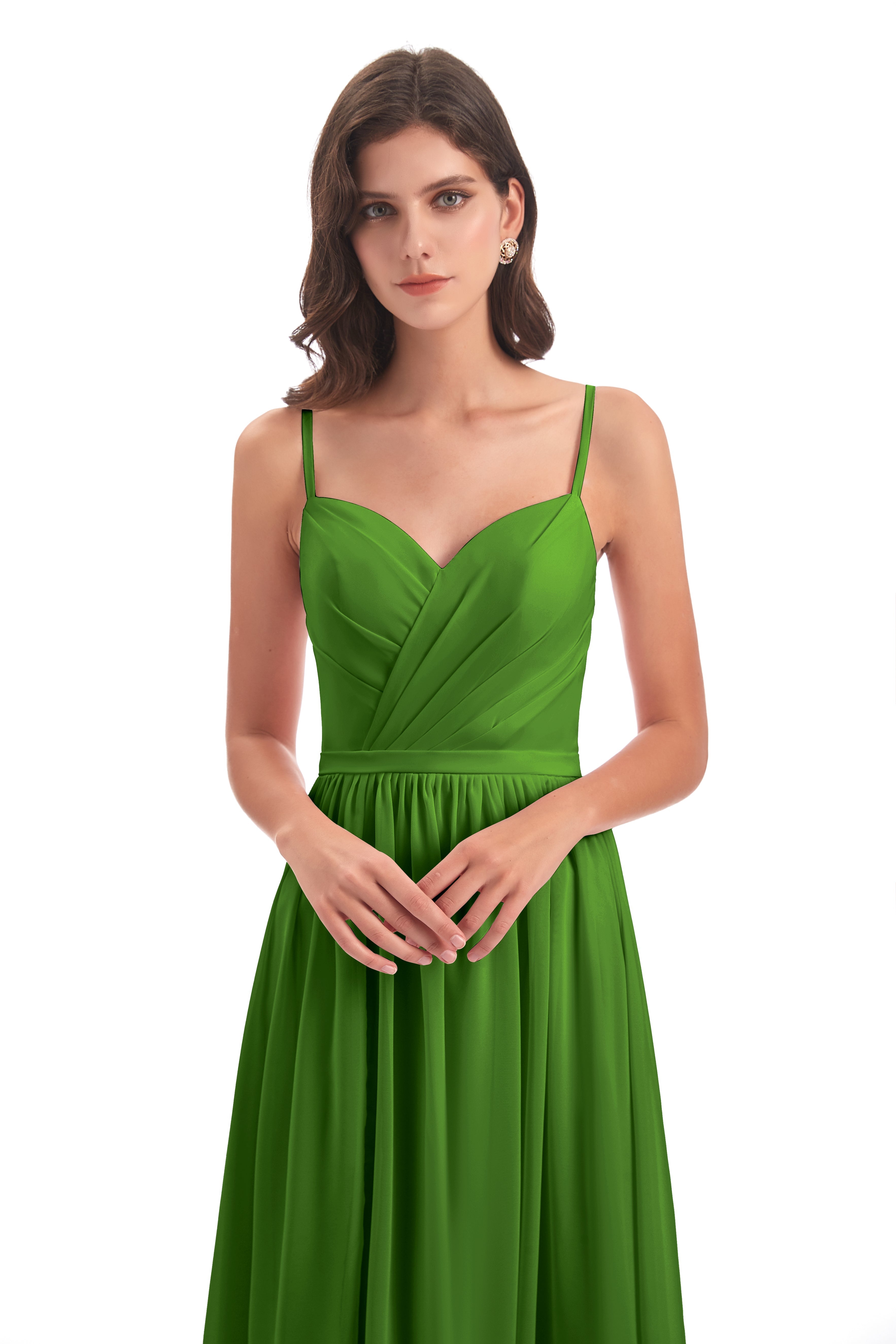 Robes De Demoiselle D'Honneur Vert Mousse Dos Ouvert Fendue Mousseline Robes Demoiselle D'Honneur