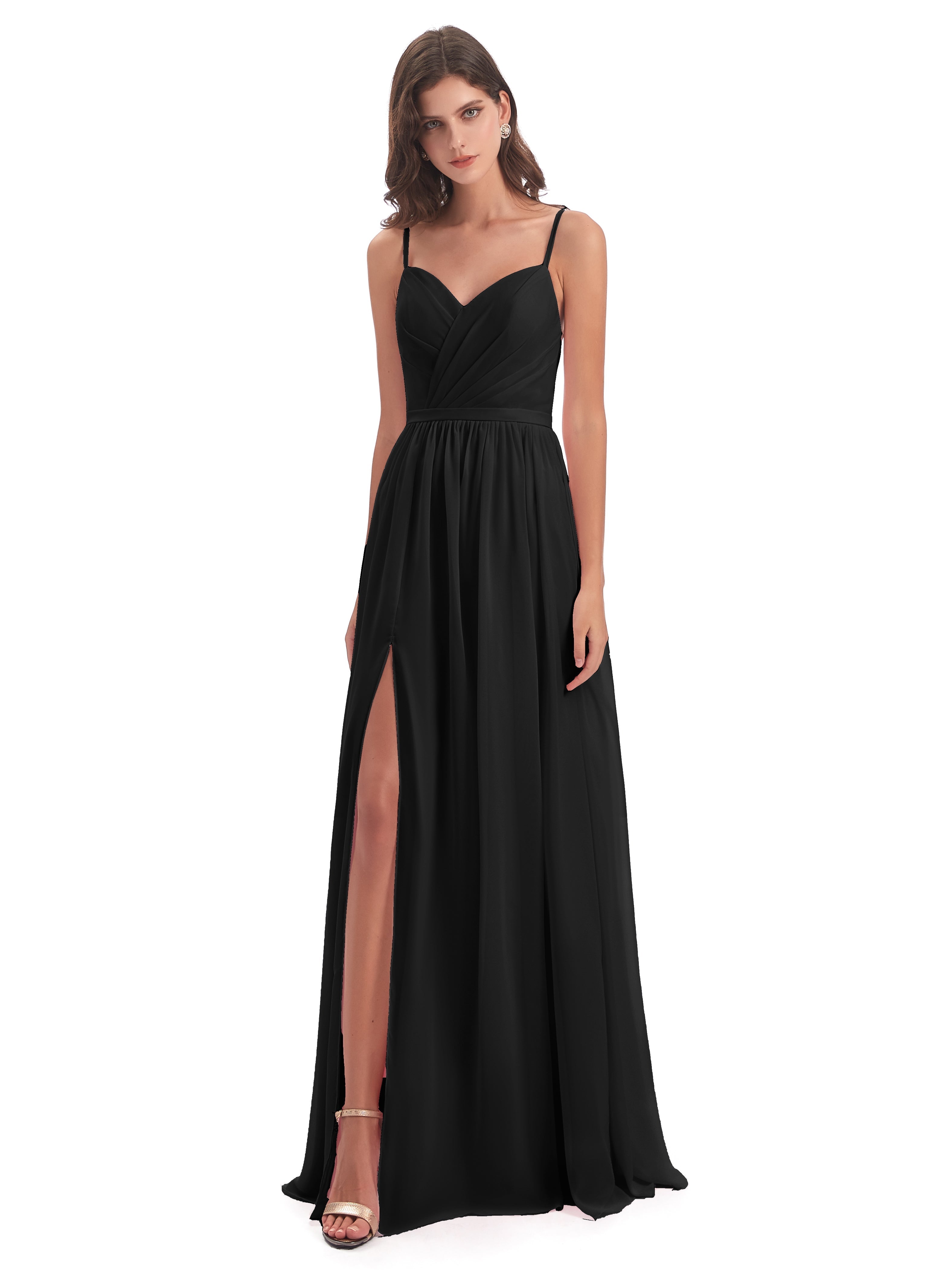Longues Robes De Demoiselle D'Honneur Noires Dos Ouvert Fendue Mousseline Robes Demoiselle D'Honneur