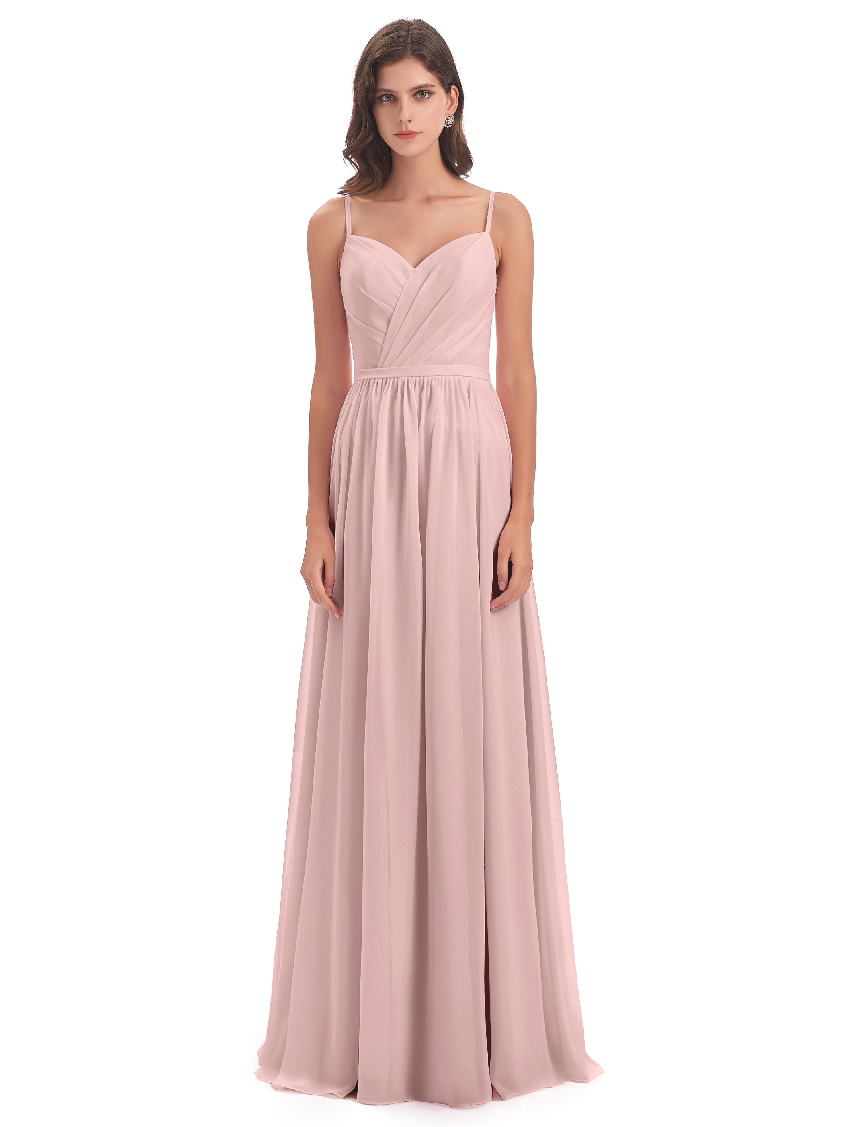 Longues Robes De Demoiselle D'Honneur De Rose Poudrée Dos Ouvert Fendue Mousseline Robes Demoiselle D'Honneur