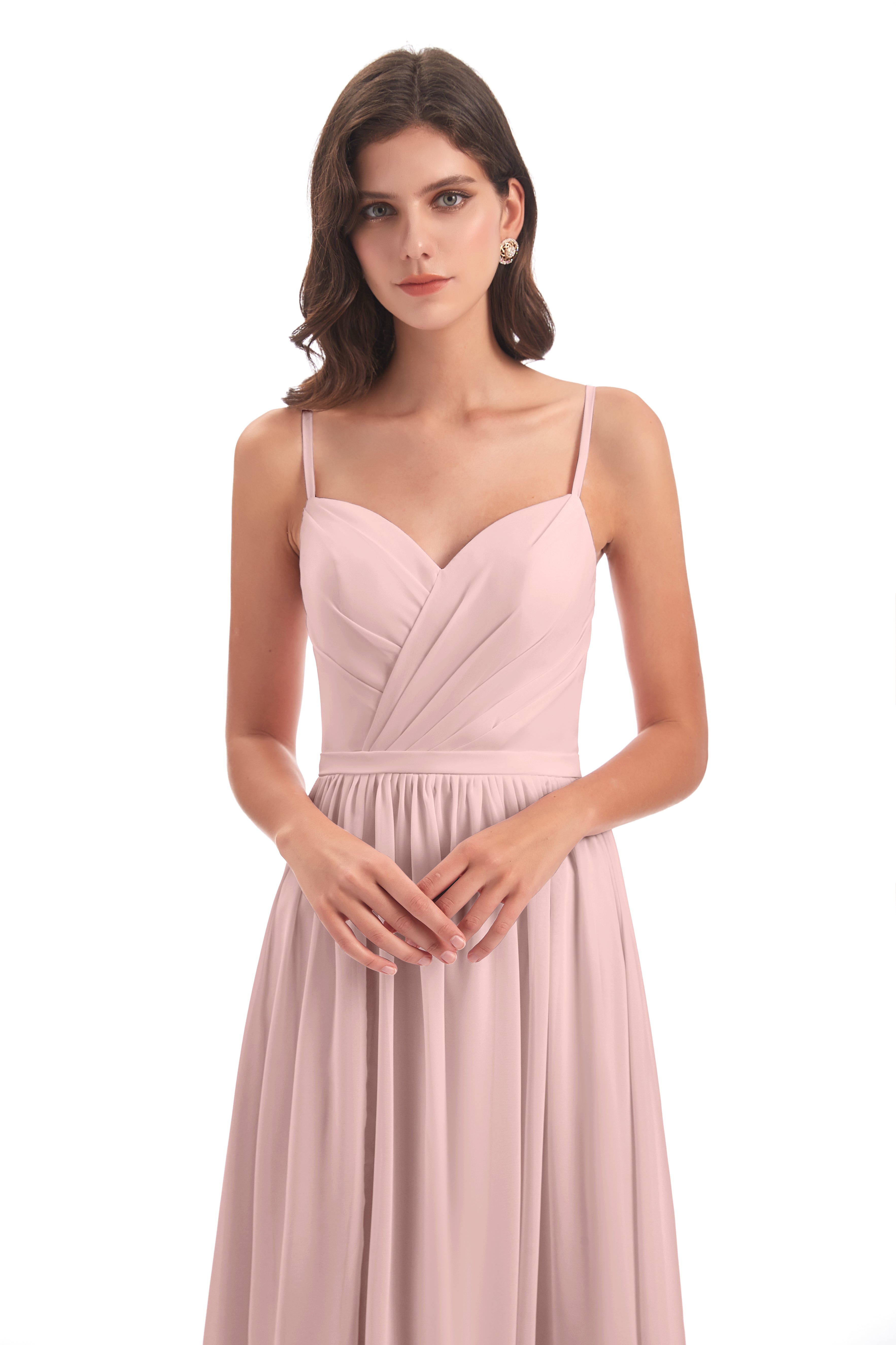 Longues Robes De Demoiselle D'Honneur De Rose Poudrée Dos Ouvert Fendue Mousseline Robes Demoiselle D'Honneur