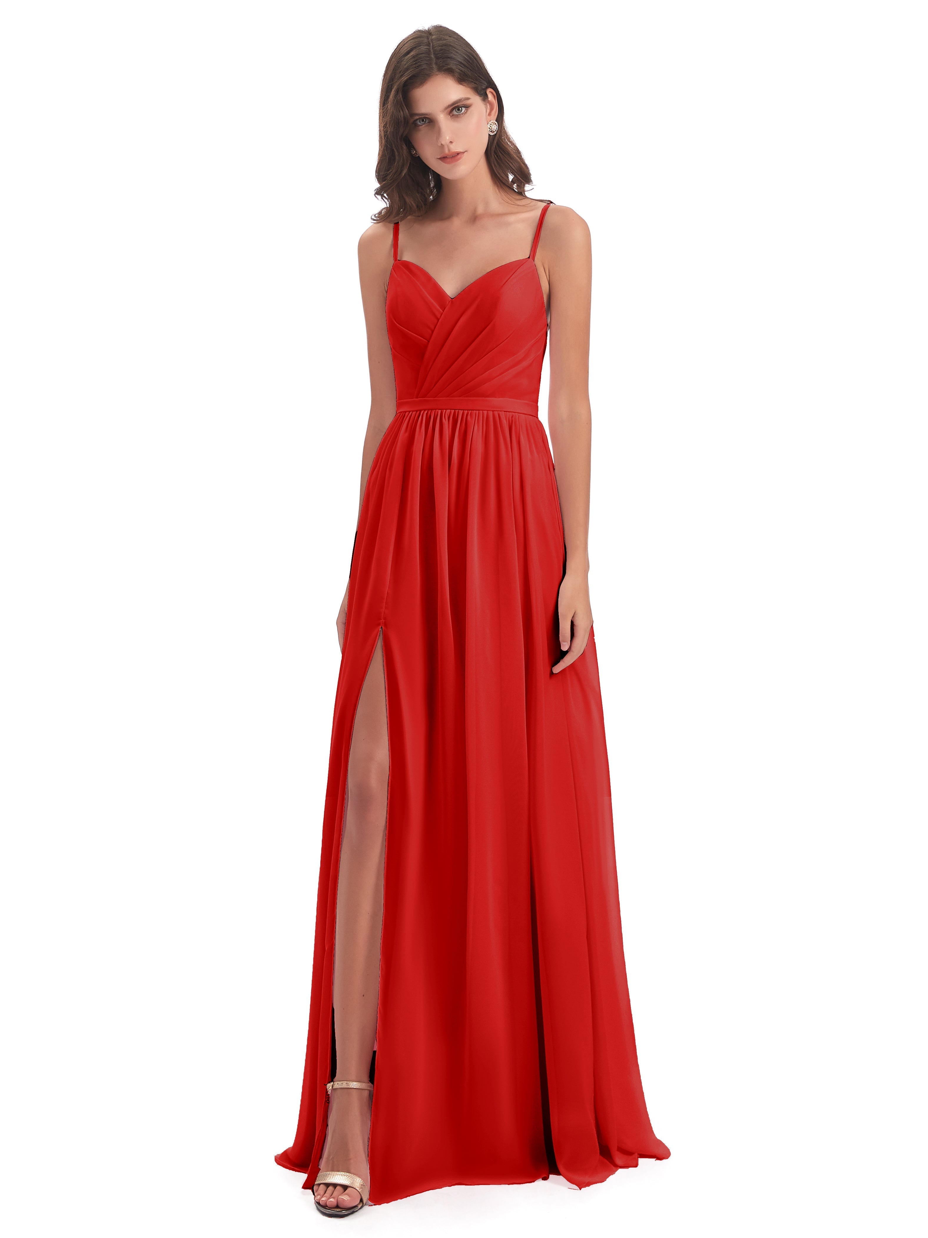 Robe De Demoiselle D'Honneur Rouge Dos Ouvert Fendue Mousseline Robes Demoiselle D'Honneur