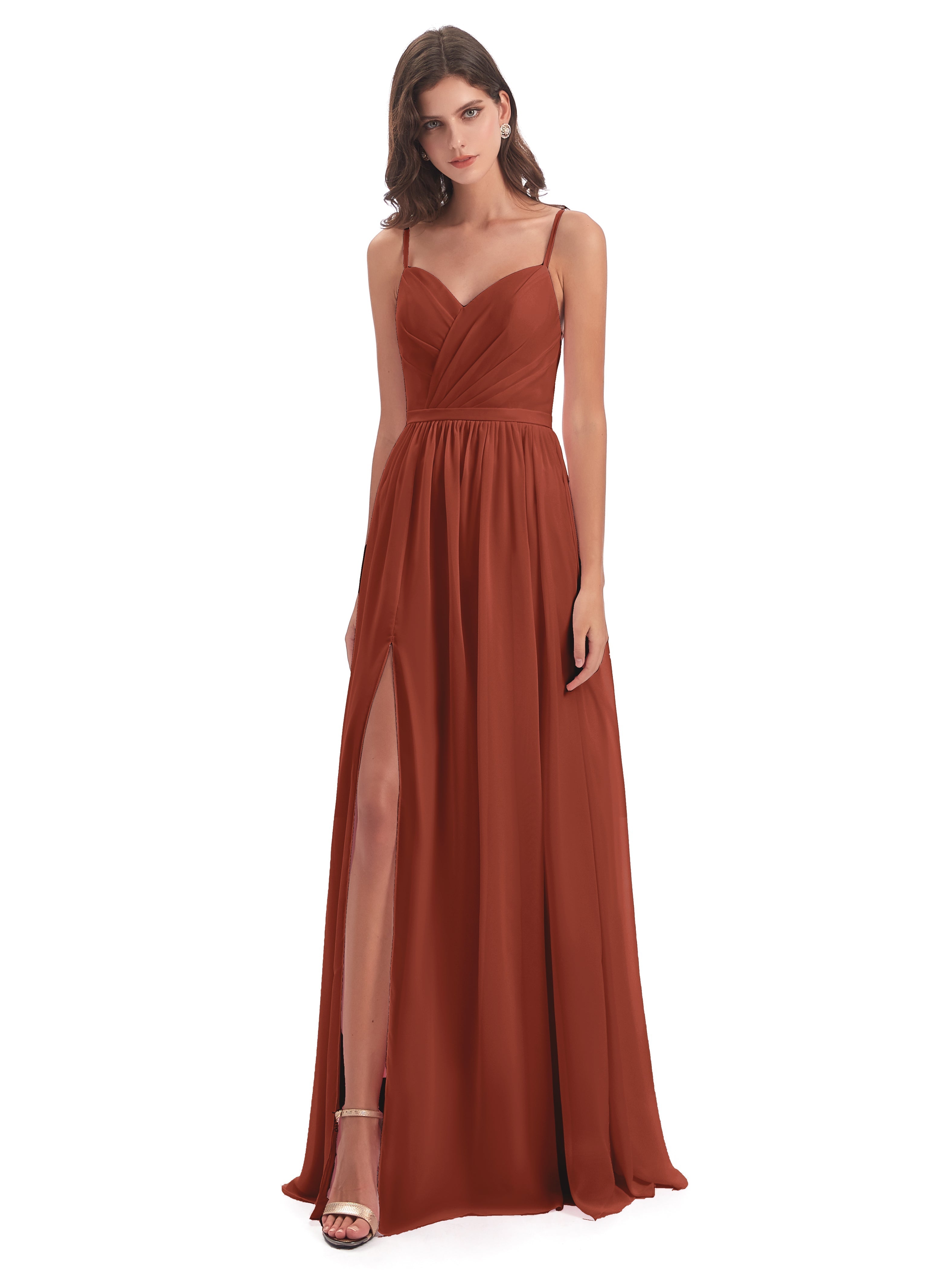 Longues Robes De Demoiselle D'Honneur De Rouille Dos Ouvert Fendue Mousseline Robes Demoiselle D'Honneur