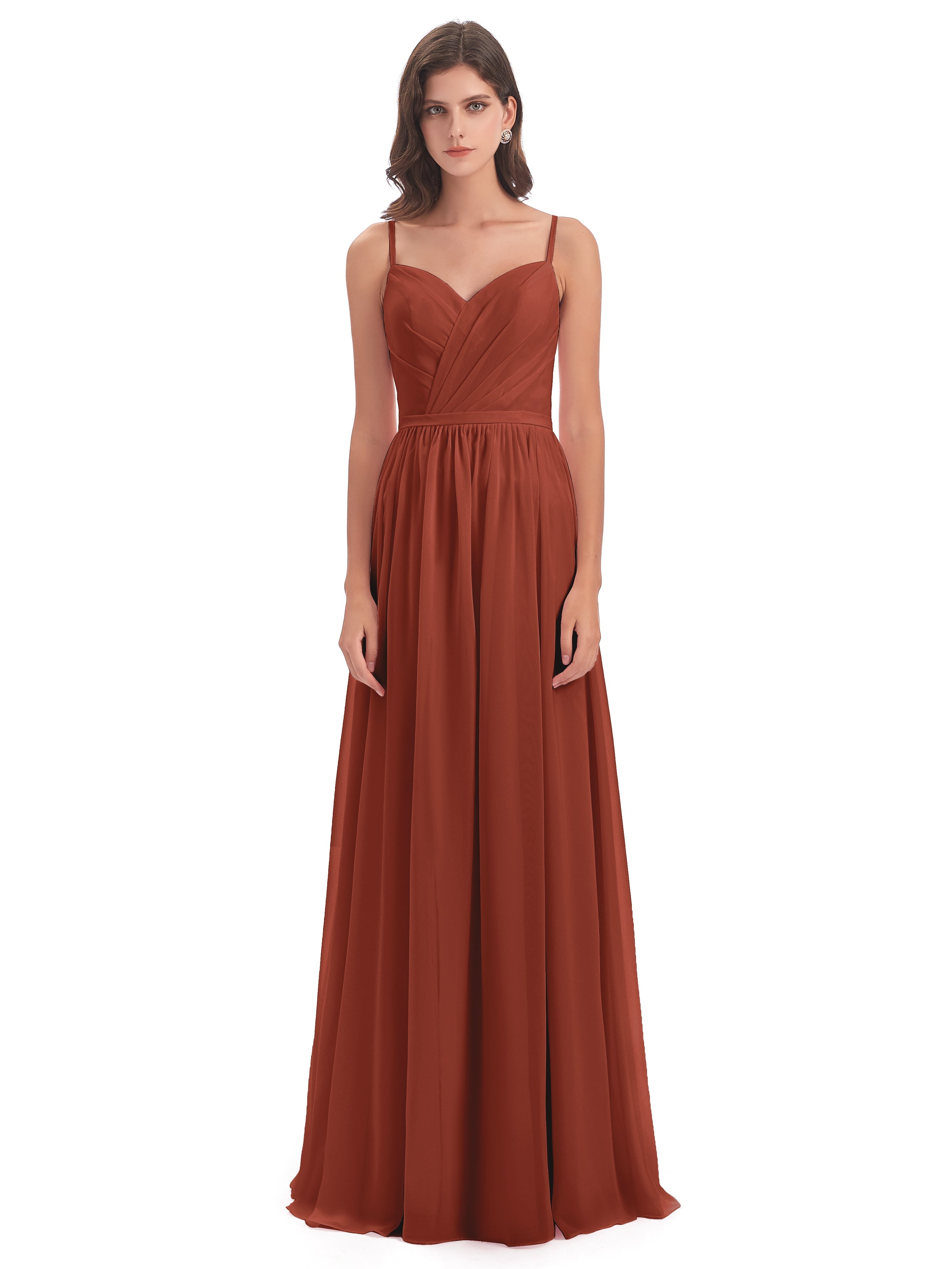 Longues Robes De Demoiselle D'Honneur De Rouille Dos Ouvert Fendue Mousseline Robes Demoiselle D'Honneur