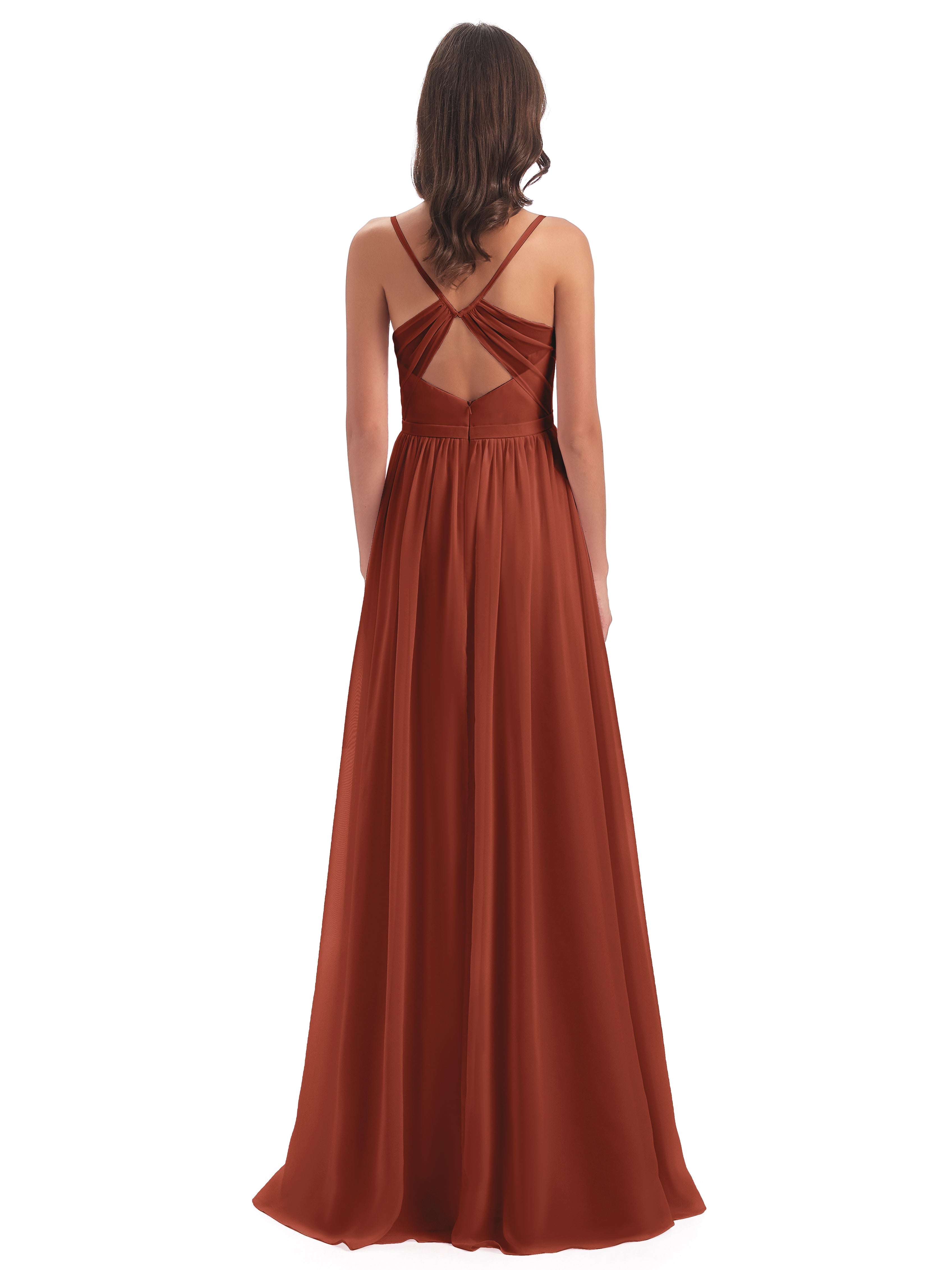 Longues Robes De Demoiselle D'Honneur De Rouille Dos Ouvert Fendue Mousseline Robes Demoiselle D'Honneur
