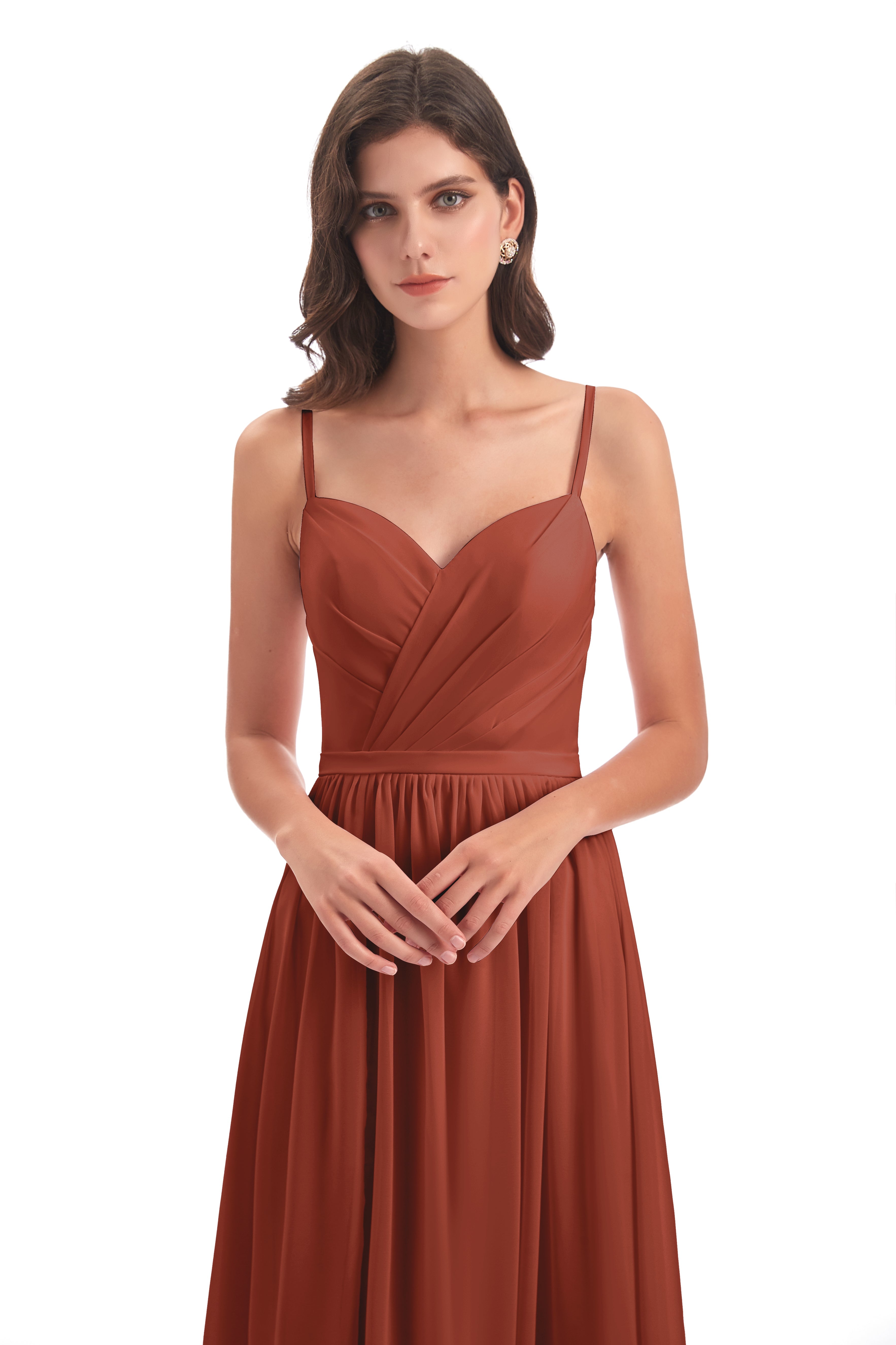 Longues Robes De Demoiselle D'Honneur De Rouille Dos Ouvert Fendue Mousseline Robes Demoiselle D'Honneur