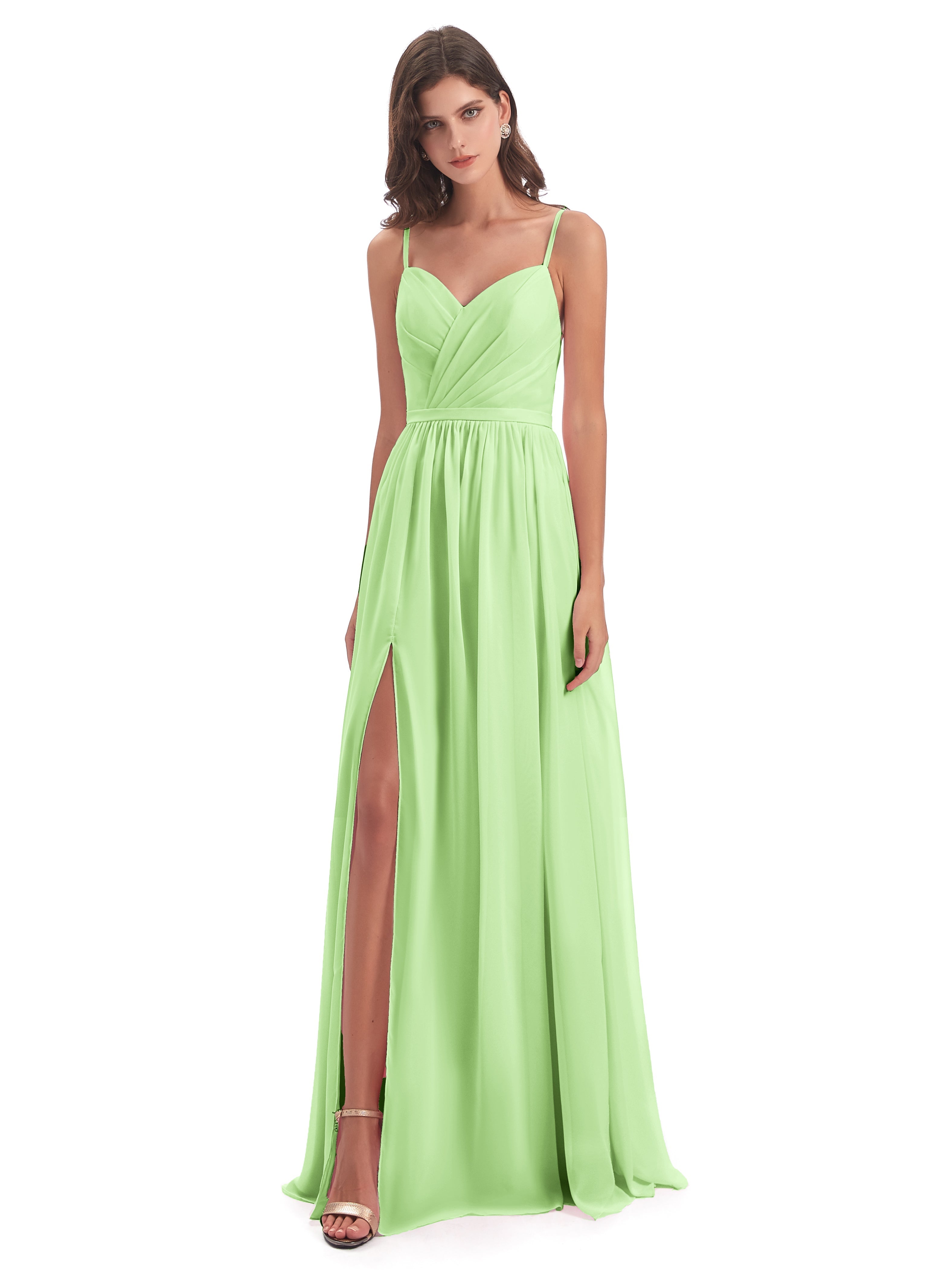 Robe Vert Sauge Demoiselle D Honneur Dos Ouvert Fendue Mousseline Robes Demoiselle D'Honneur