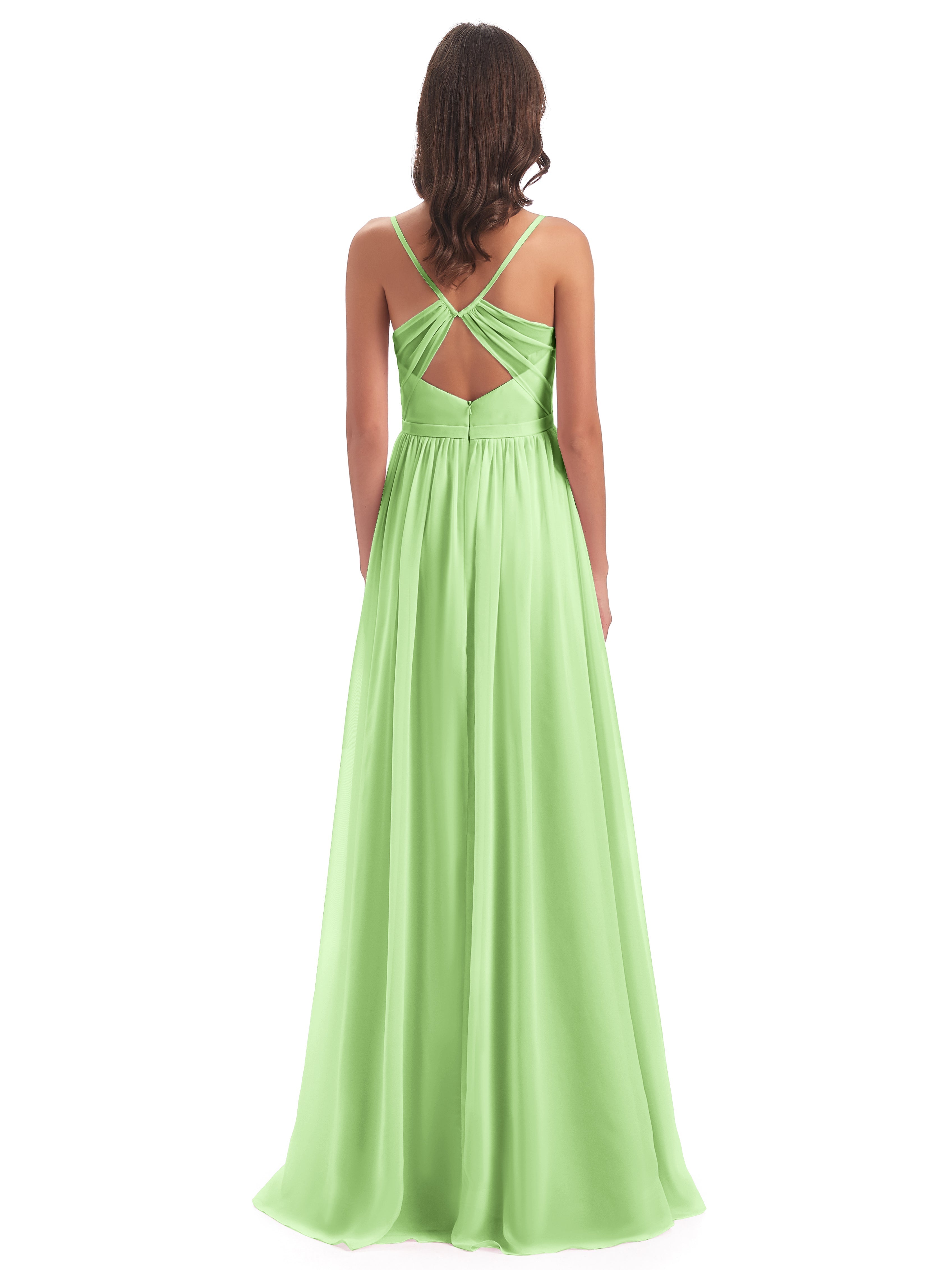 Robe Vert Sauge Demoiselle D Honneur Dos Ouvert Fendue Mousseline Robes Demoiselle D'Honneur