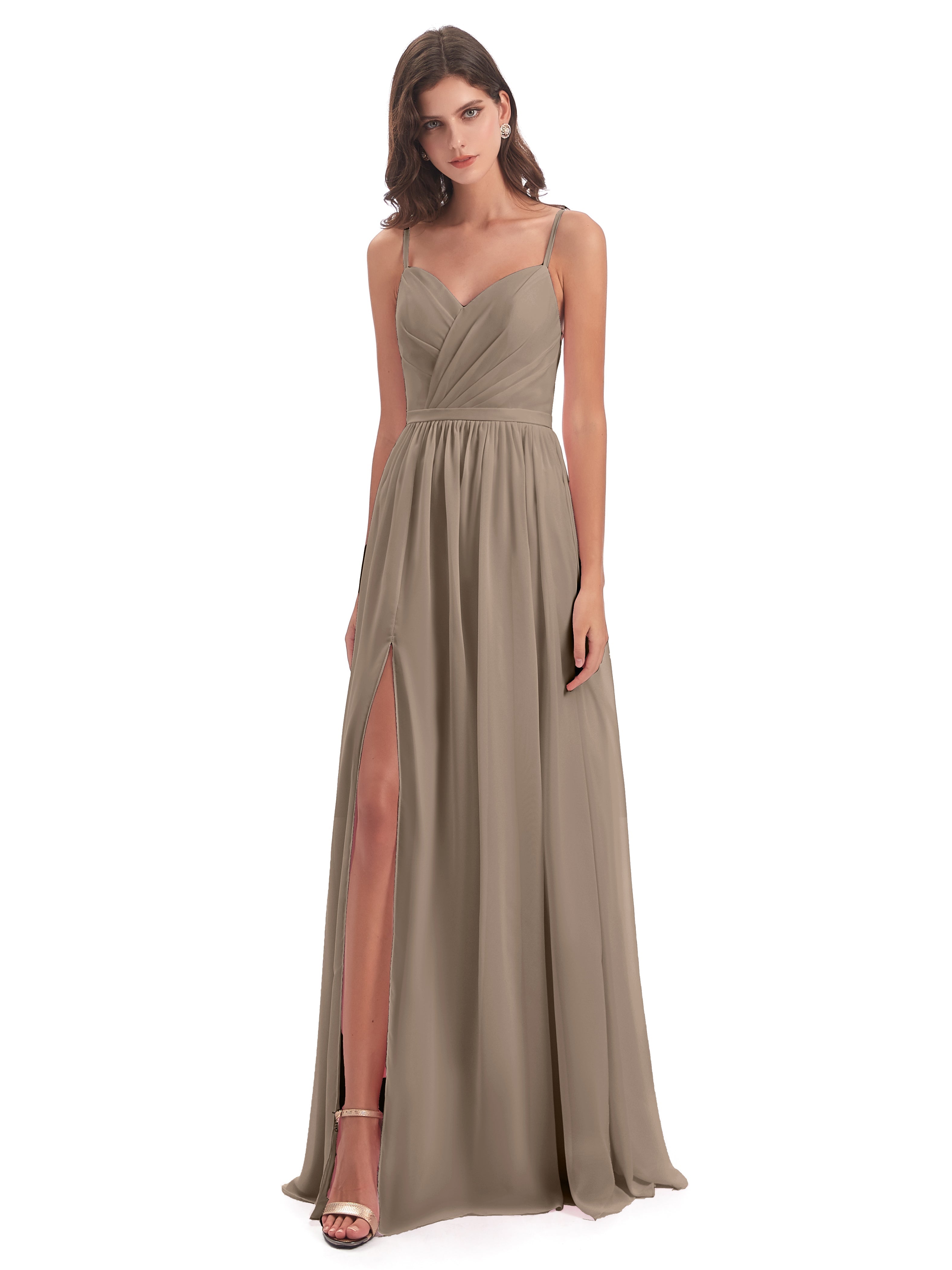 Robe Demoiselle D Honneur Taupe Dos Ouvert Fendue Mousseline Robes Demoiselle D'Honneur