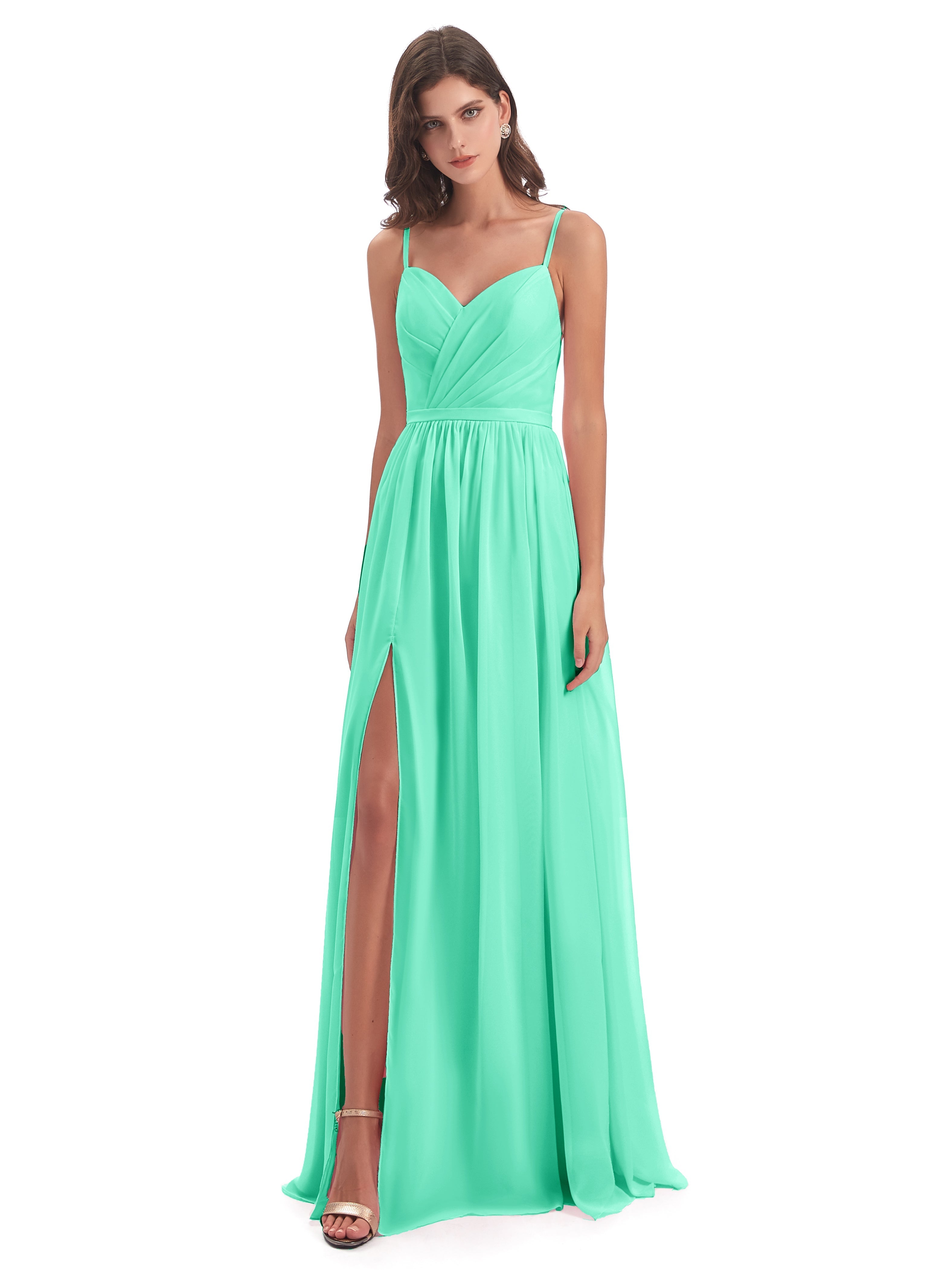 Robe Demoiselle D Honneur Turquoise Dos Ouvert Fendue Mousseline Robes Demoiselle D'Honneur