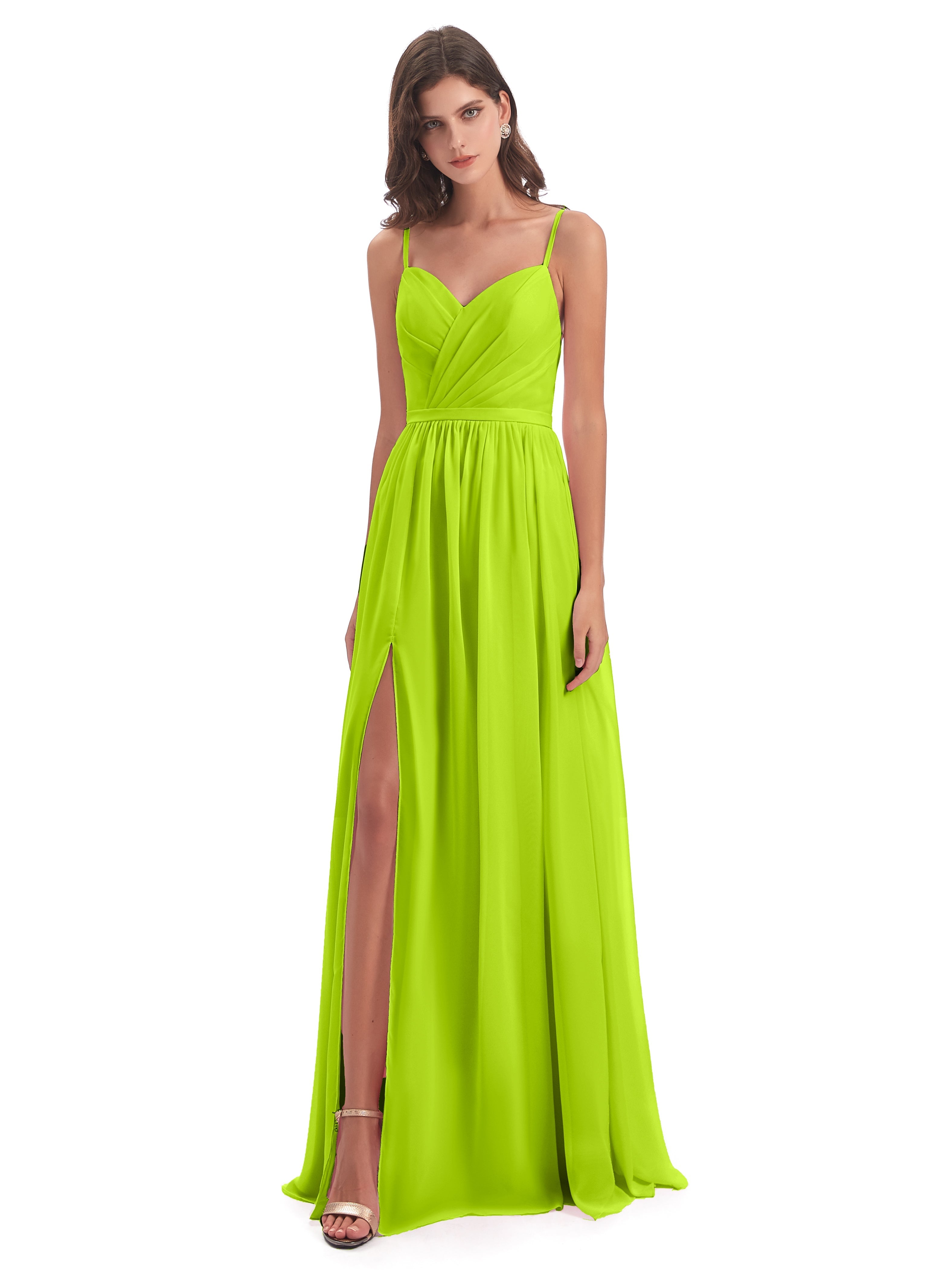 Robes De Demoiselle D'Honneur Vert Citron Dos Ouvert Fendue Mousseline Robes Demoiselle D'Honneur