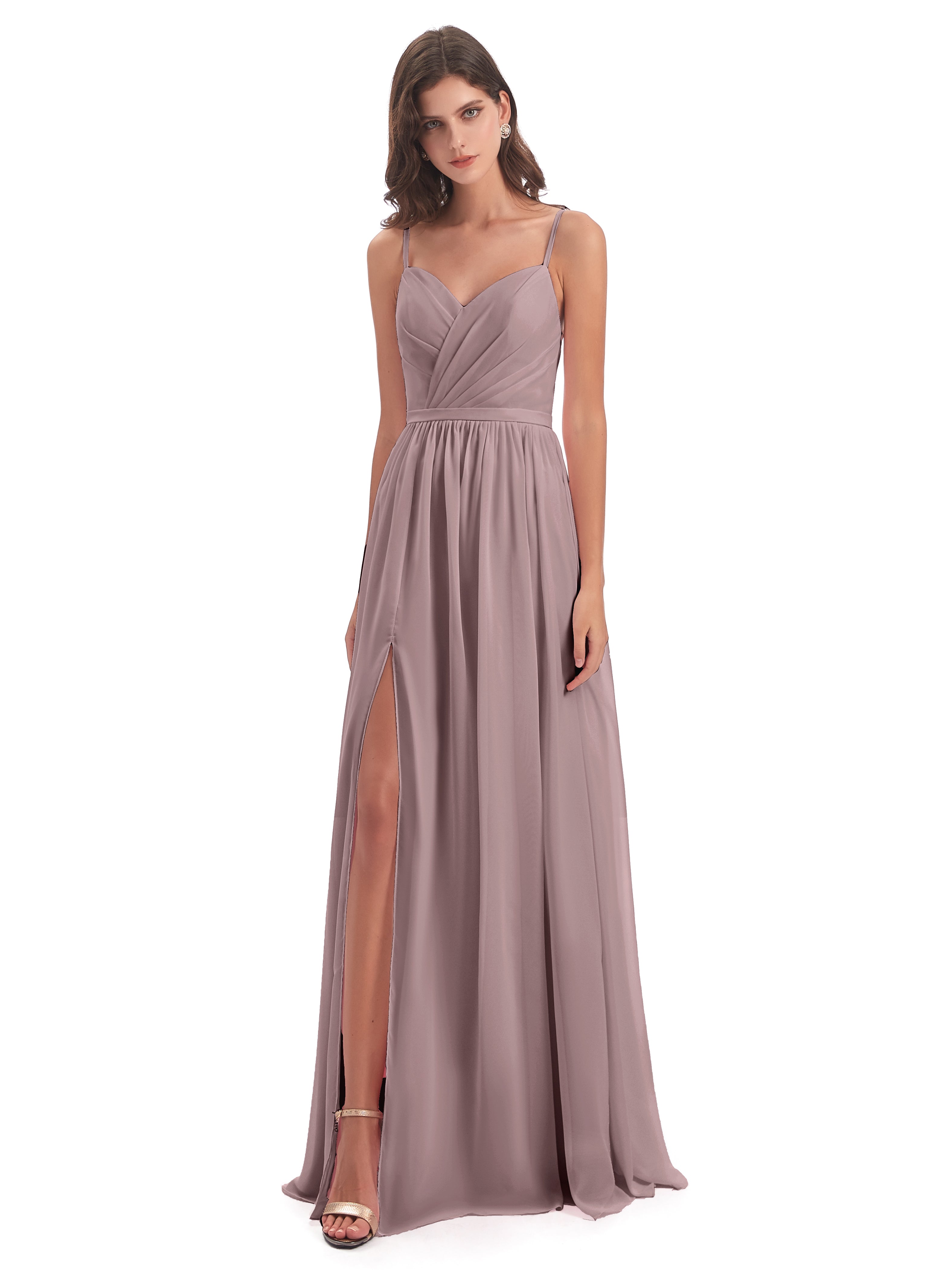 Robes De Demoiselle D'Honneur Mauve Foncé Dos Ouvert Fendue Mousseline Robes Demoiselle D'Honneur