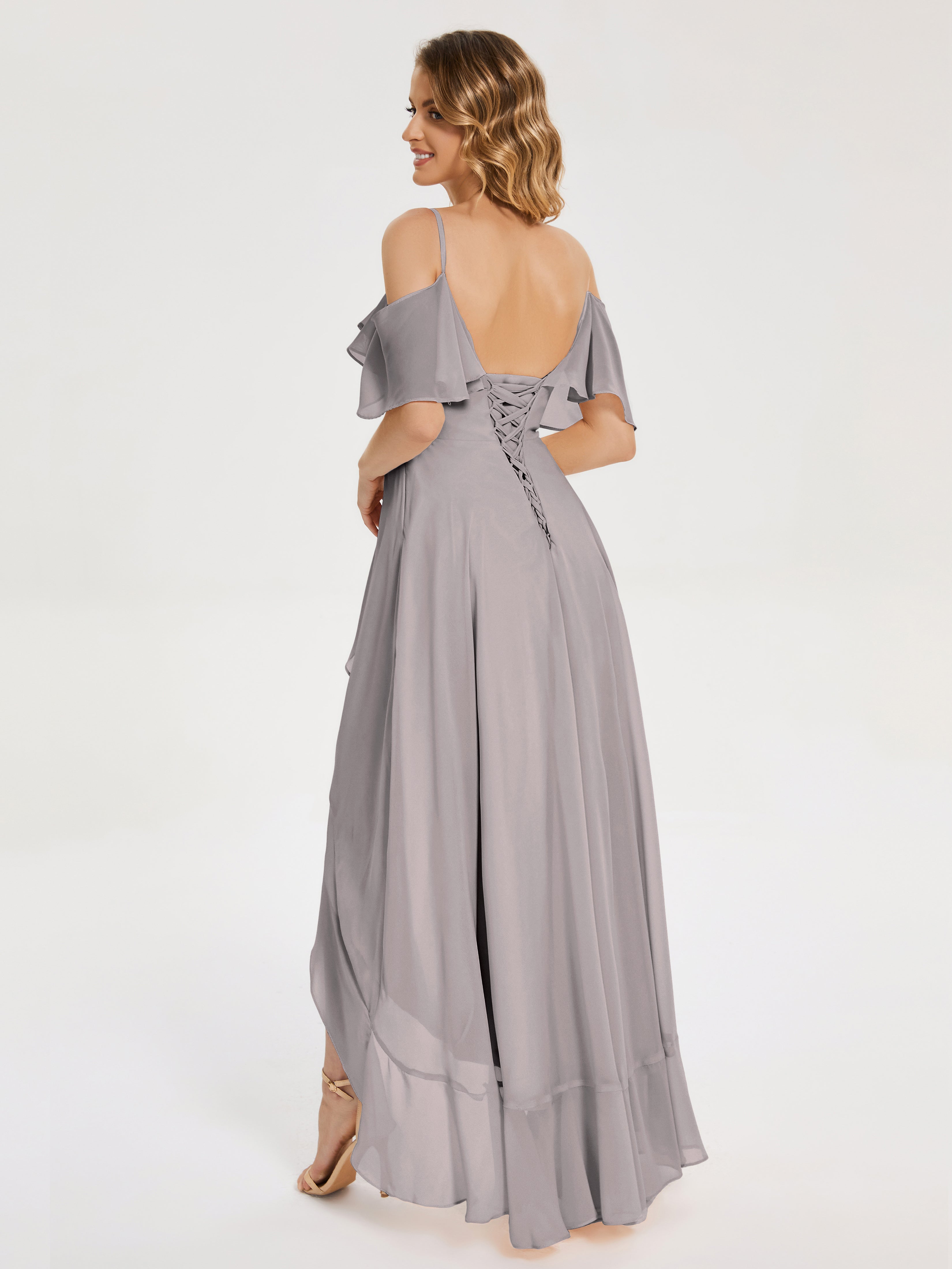 Robe Demoiselle D Honneur Argentée Asymétrique Mousseline Robes Demoiselle D'Honneur À Lacet