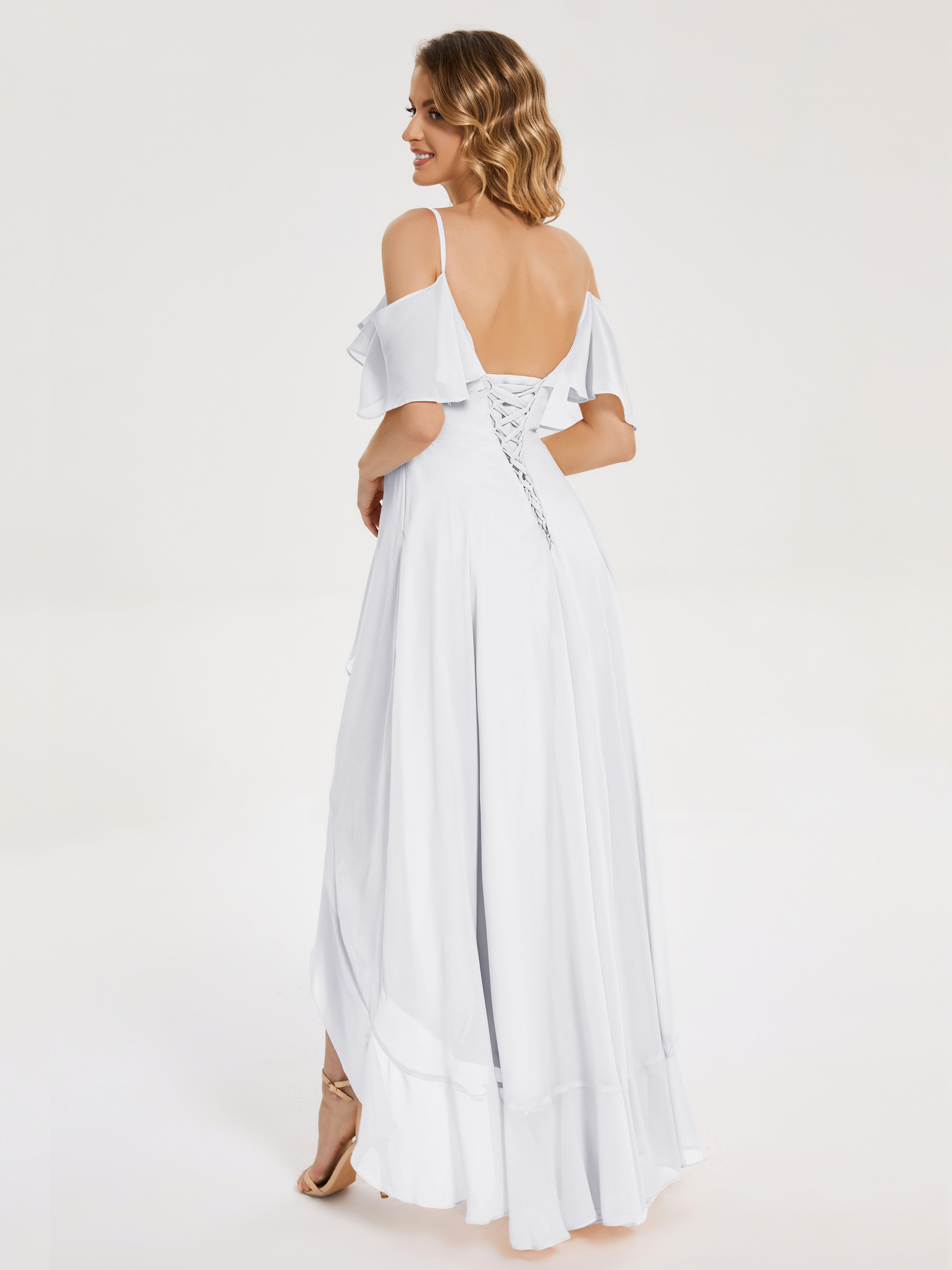 Robe Demoiselle D Honneur Blanc Asymétrique Mousseline Robes Demoiselle D'Honneur À Lacet