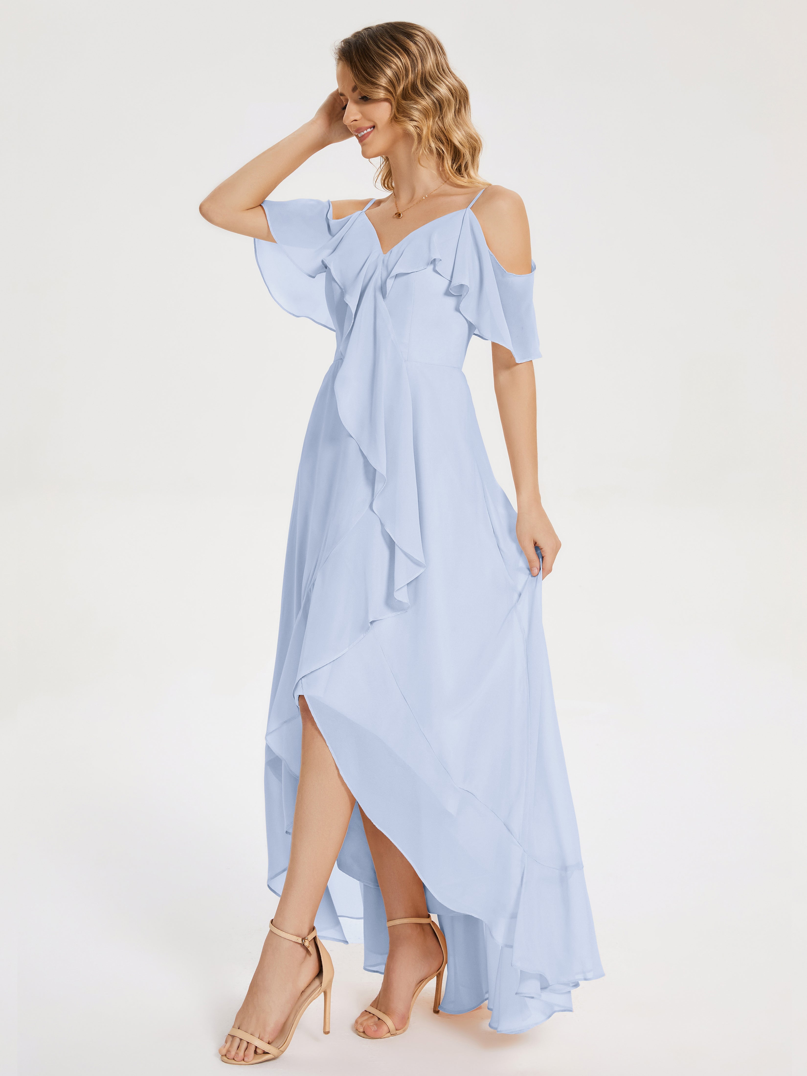 Robe Demoiselle D Honneur Bleu Ciel Asymétrique Mousseline Robes Demoiselle D'Honneur À Lacet